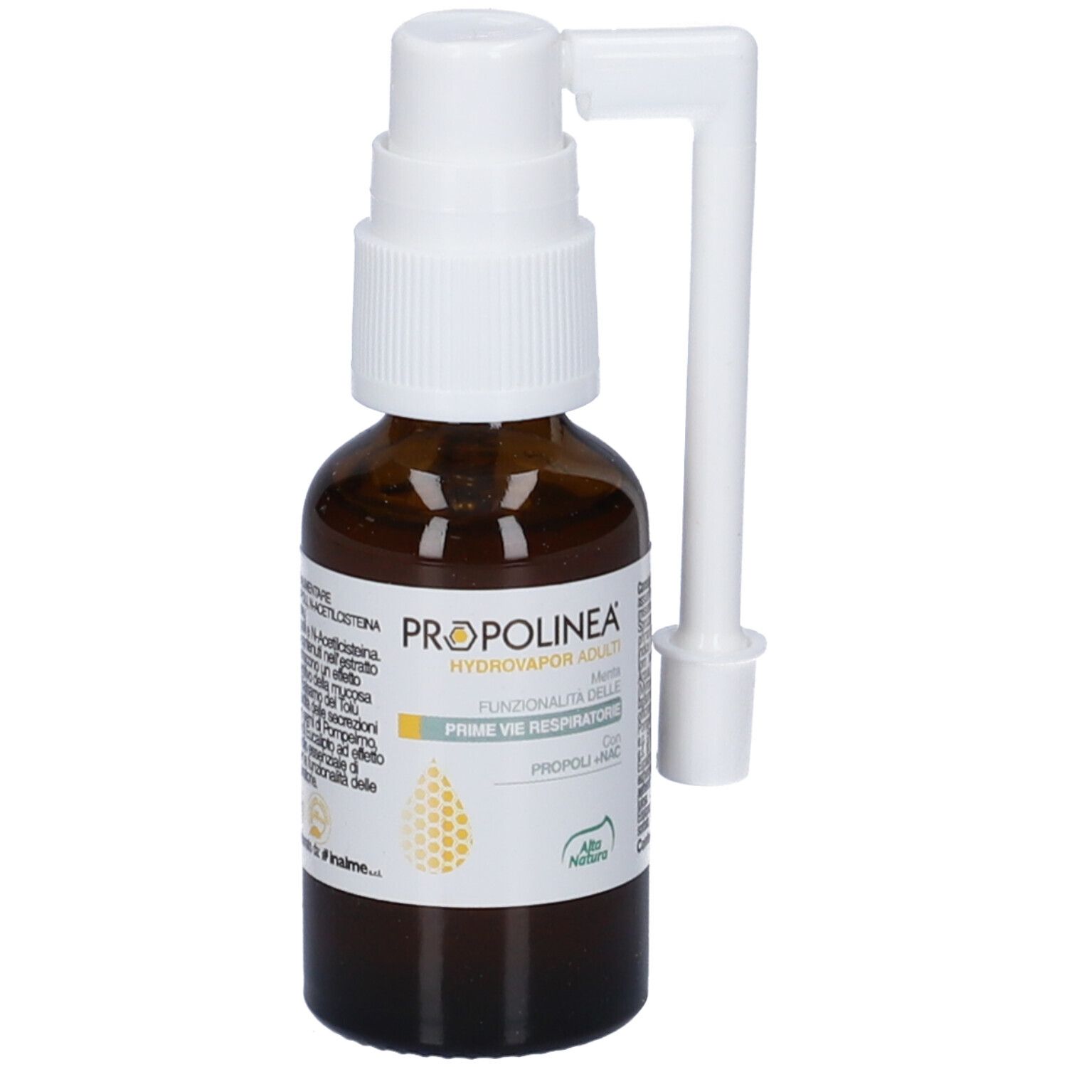 Flacone di vetro marrone con erogatore bianco e applicatore. Scritta: Propolinea Hydrovapor Adulti.