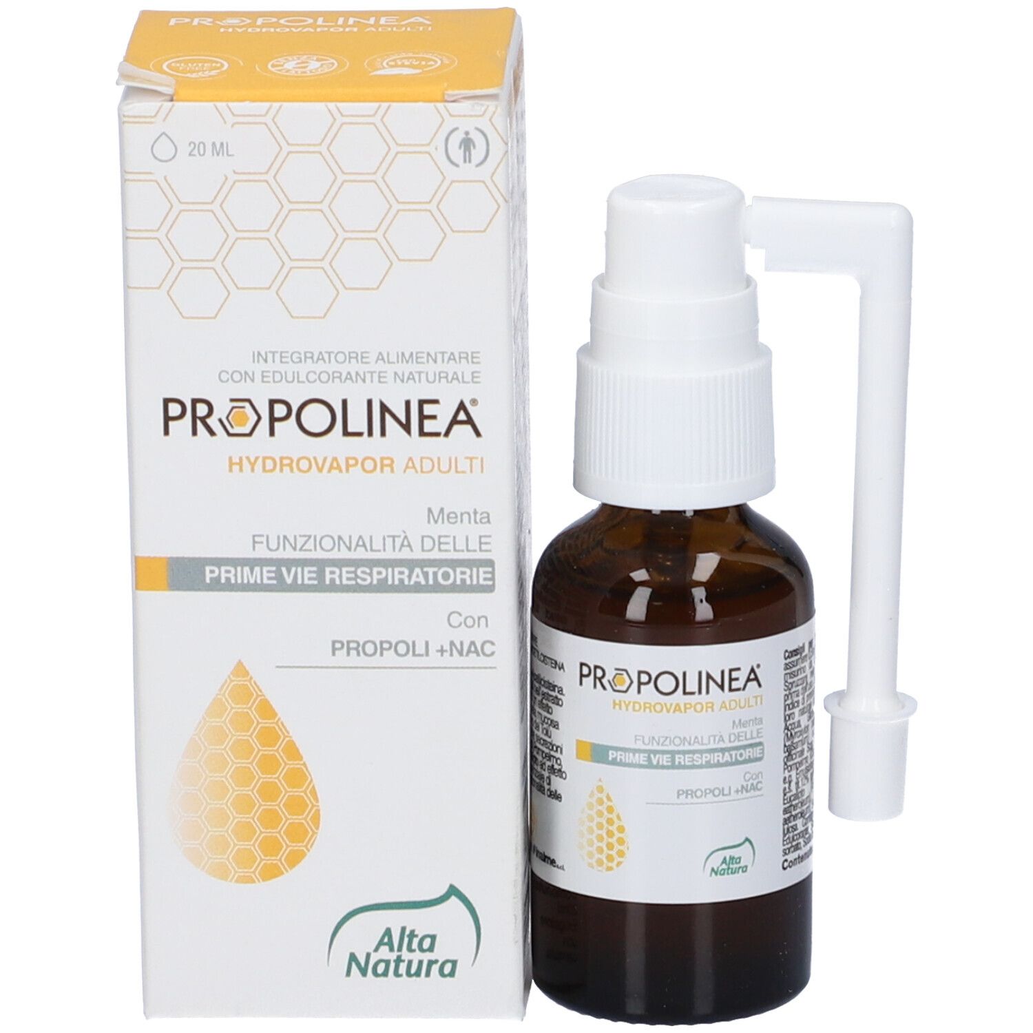 Confezione e flacone del prodotto. Scritta: Propolinea Hydrovapor Adulti. Con erogatore e applicatore.