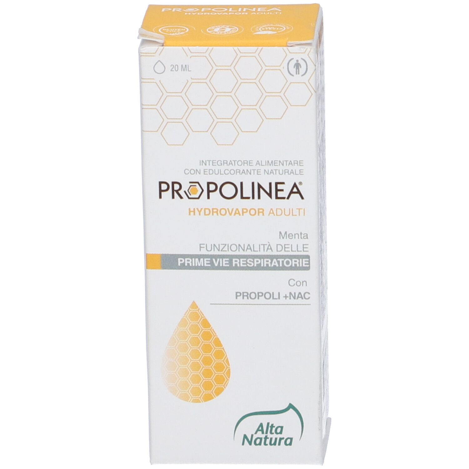 Confezione del prodotto. Scritta: Propolinea Hydrovapor Adulti. Con design a nido d'ape.