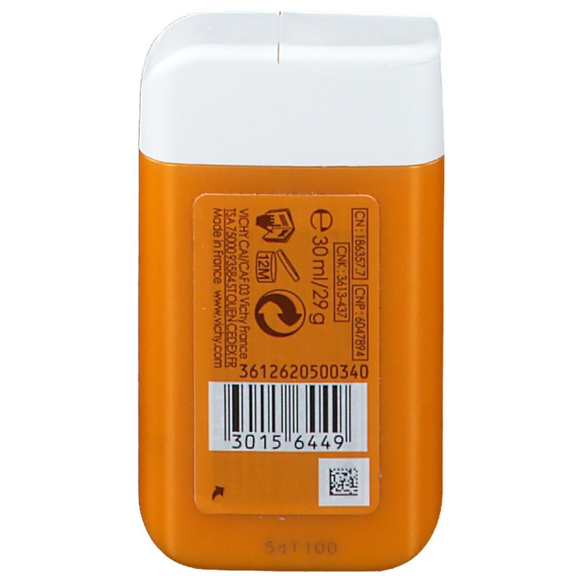 Retro del Vichy Ideal Soleil LSF 50. Flacone arancione con testo e codice a barre. 30ml/29g.