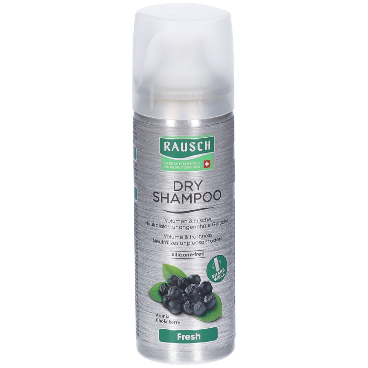 Retro di un flacone spray argento. Testo multilingue. Simbolo di pericolo: fiamma.