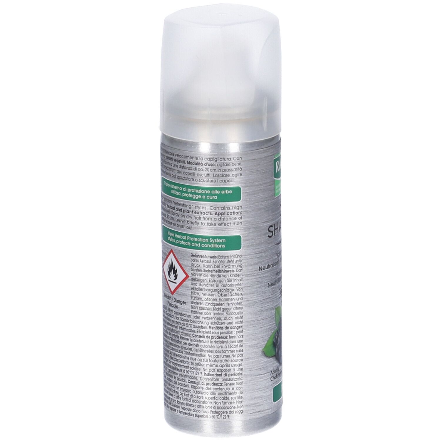 Retro di un flacone spray argento. Testo multilingue. Simbolo di pericolo: fiamma.