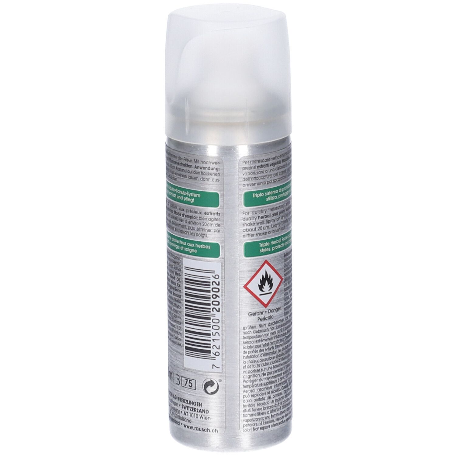 Flacone spray argento con tappo bianco. Scritta: Rausch Dry Shampoo. Illustrazione di bacche di aronia.
