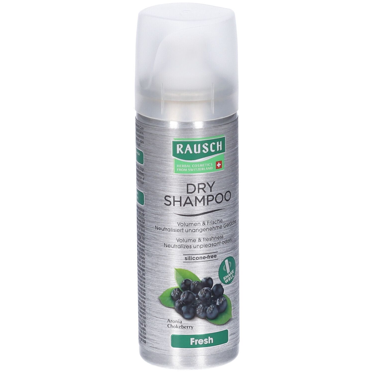 Flacone spray argento con tappo bianco. Scritta: Rausch Dry Shampoo. Illustrazione di bacche di aronia.