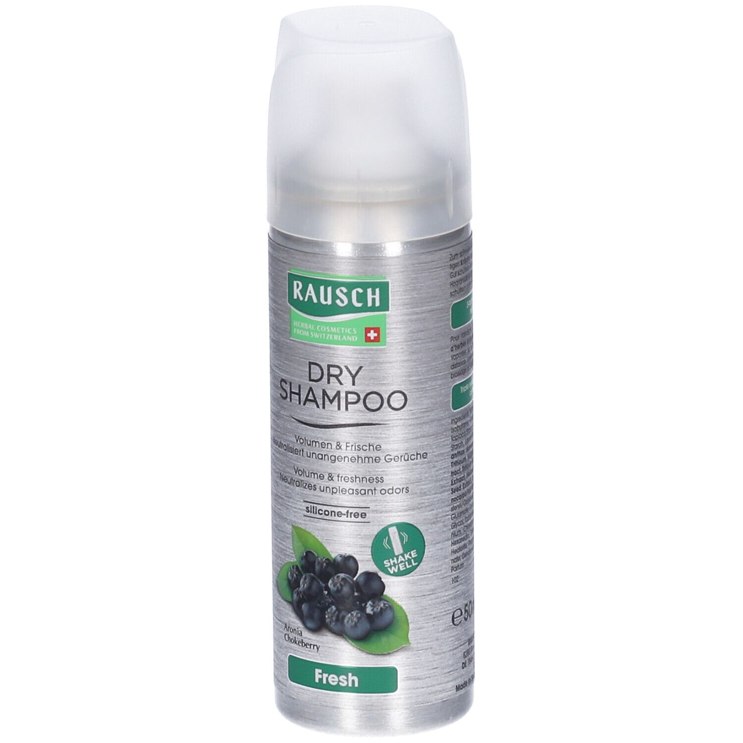Flacone spray argento con tappo bianco. Scritta: Rausch Dry Shampoo. Illustrazione di bacche di aronia.