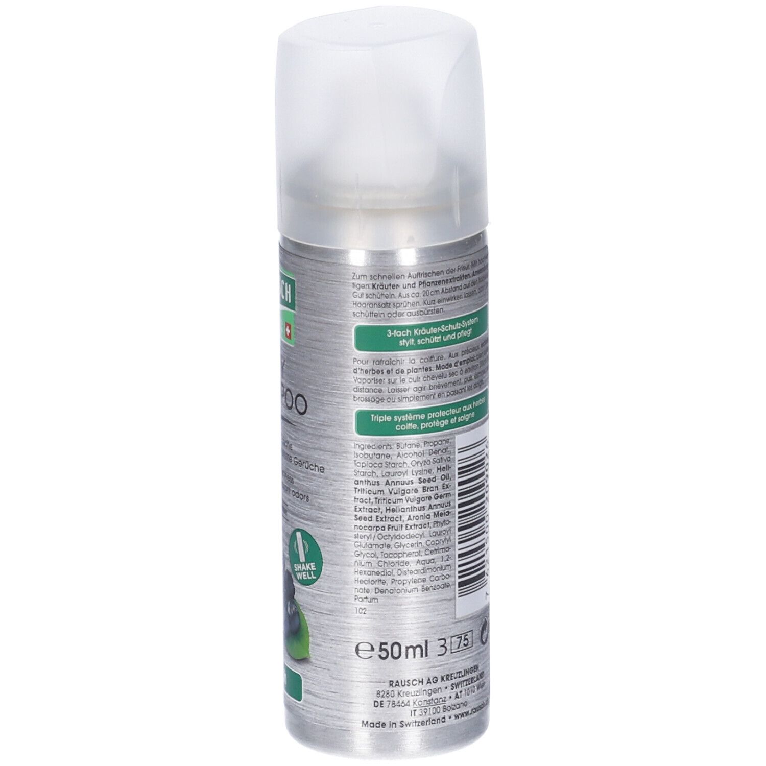 Retro di un flacone spray argento. Testo multilingue. Volume: 50ml.