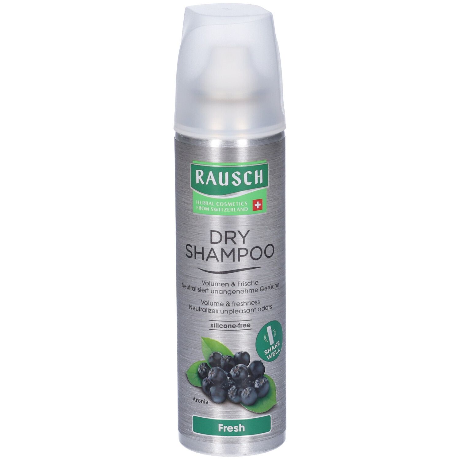 Flacone spray argentato con tappo bianco. Scritta: RAUSCH, DRY SHAMPOO, Fresh. Illustrazione di bacche di aronia. Croce svizzera.