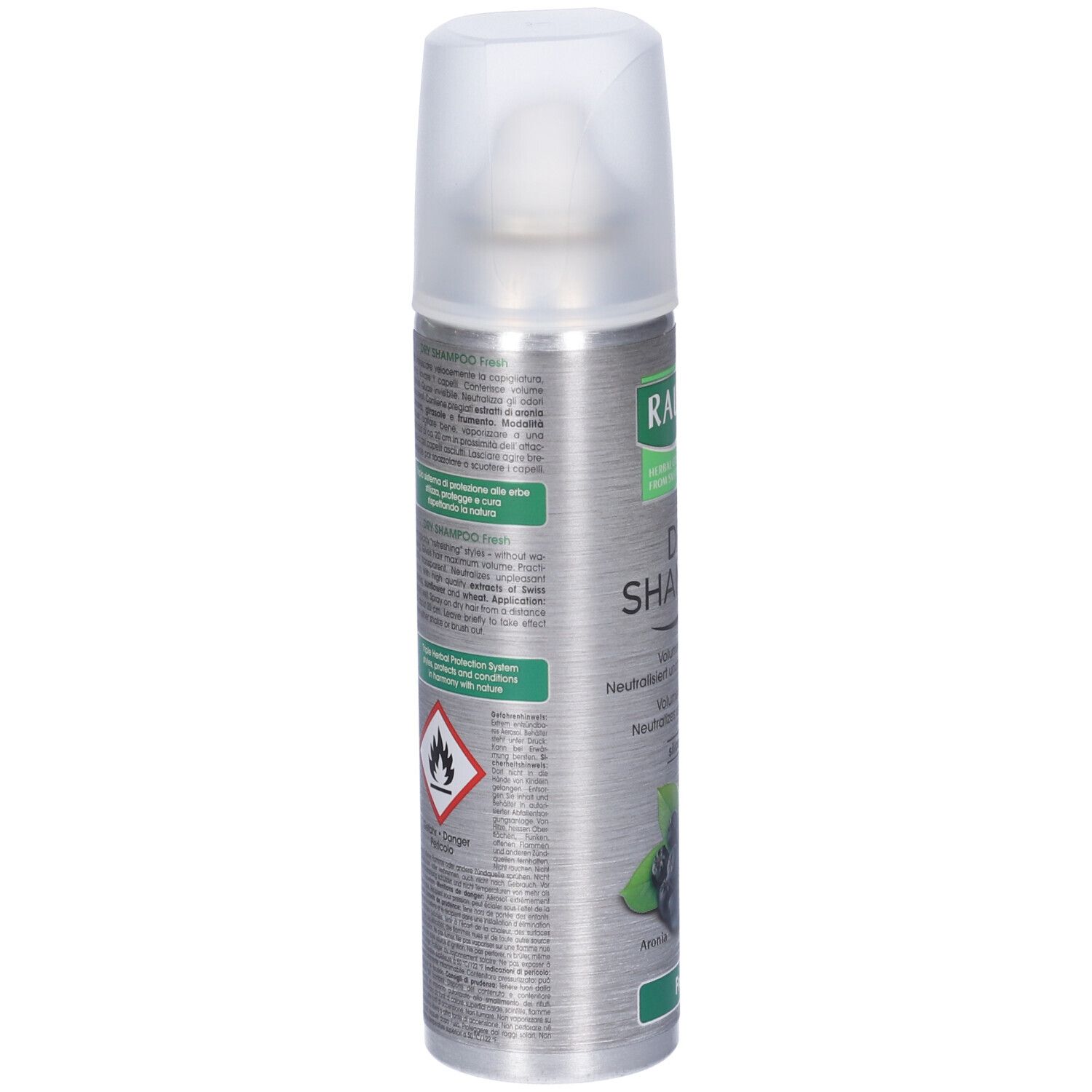 Flacone spray argentato con tappo bianco. Testo e pittogrammi sul retro. Simbolo di pericolo. Croce svizzera.