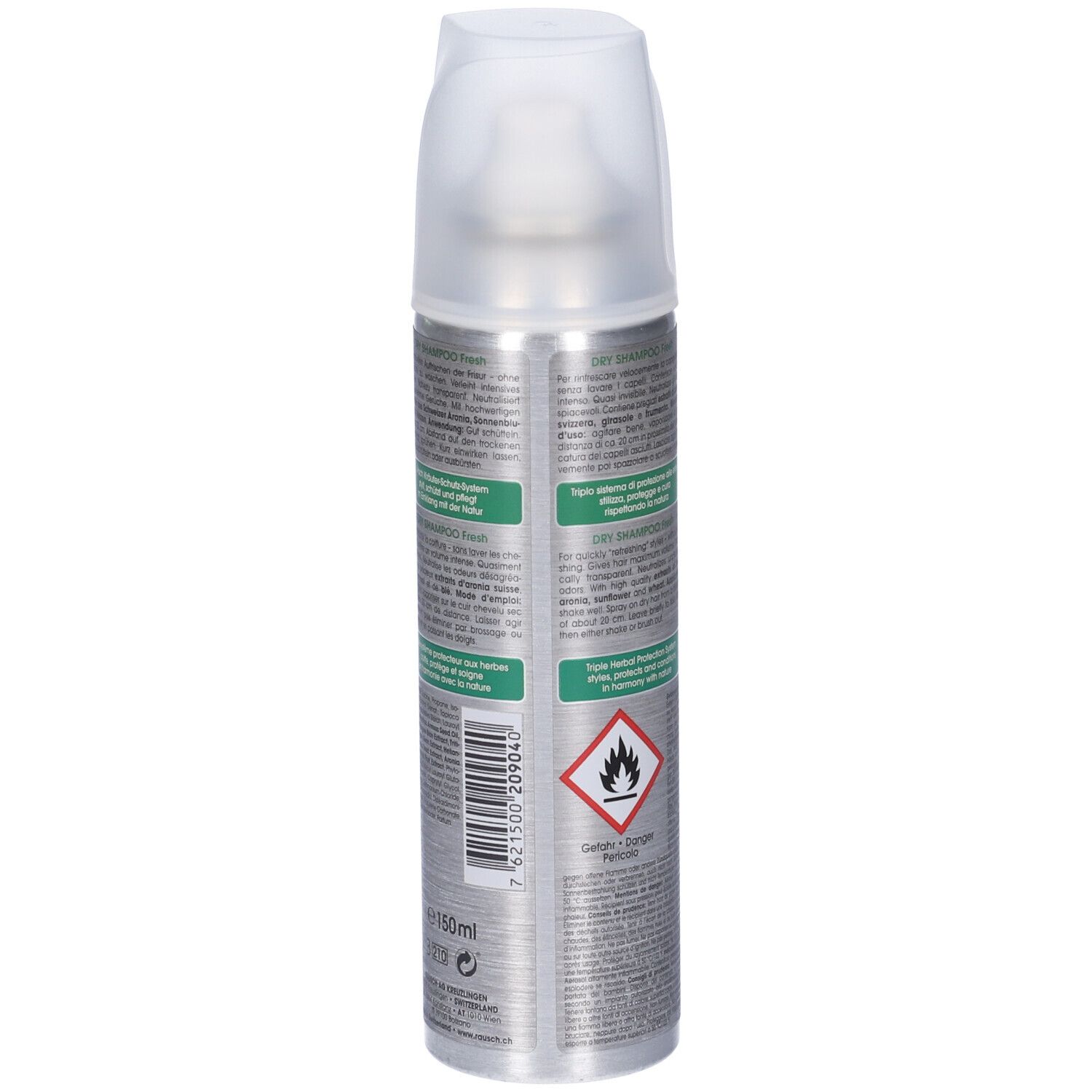 Flacone spray argentato con tappo bianco. Testo e pittogrammi sul retro. Simbolo di pericolo. Croce svizzera.