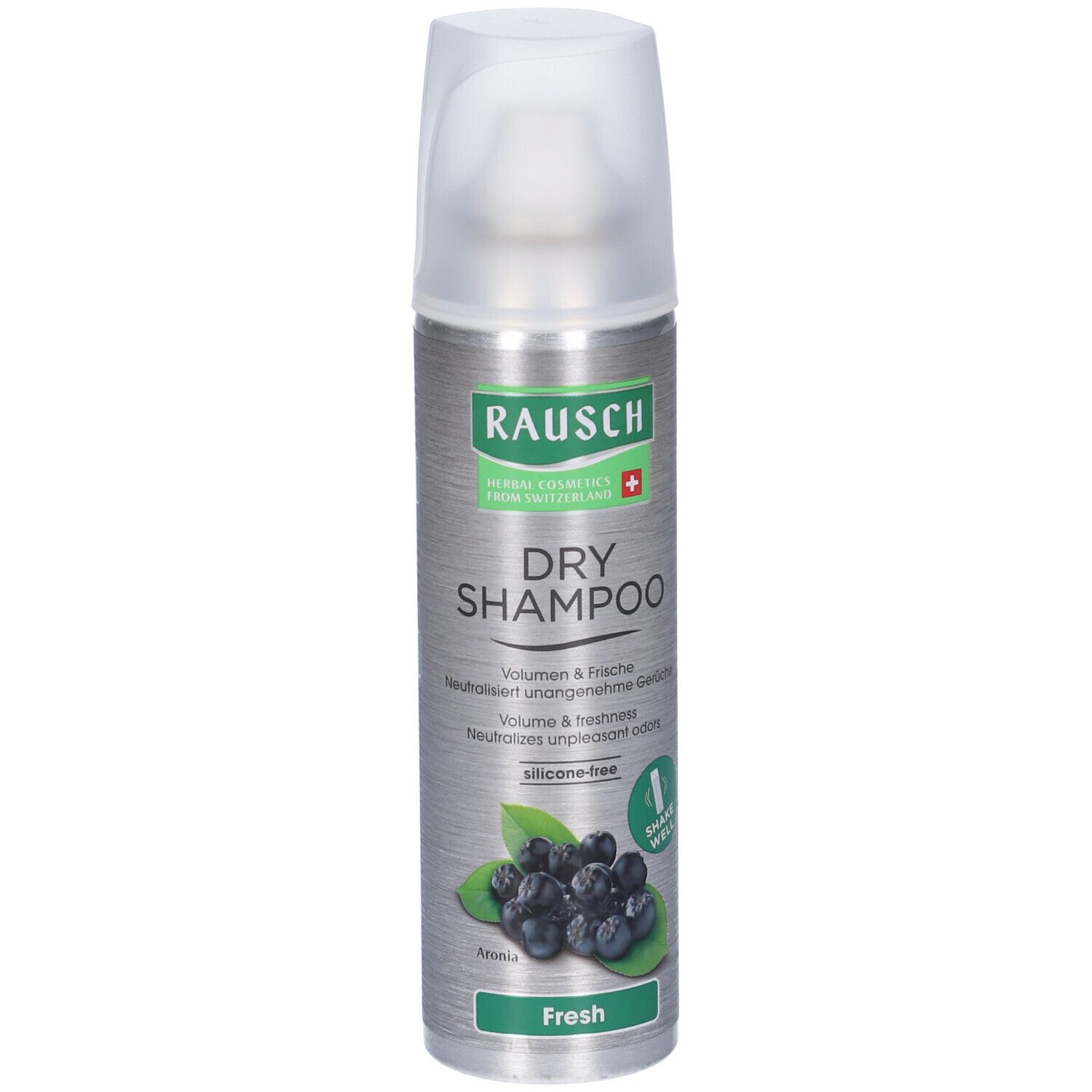 Flacone spray argentato con tappo bianco. Scritta: RAUSCH, DRY SHAMPOO, Fresh. Illustrazione di bacche di aronia. Croce svizzera.