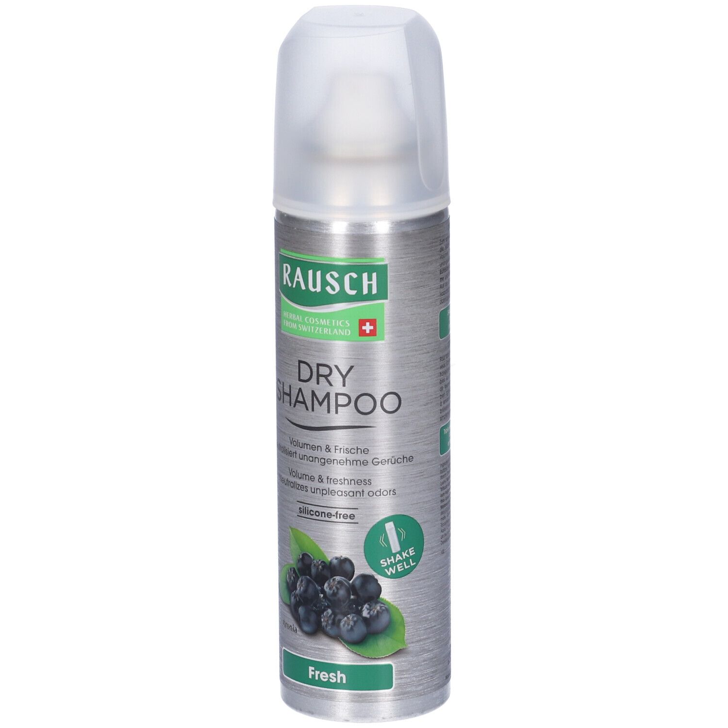 Flacone spray argentato con tappo bianco. Scritta: RAUSCH, DRY SHAMPOO, Fresh. Illustrazione di bacche di aronia. Croce svizzera.