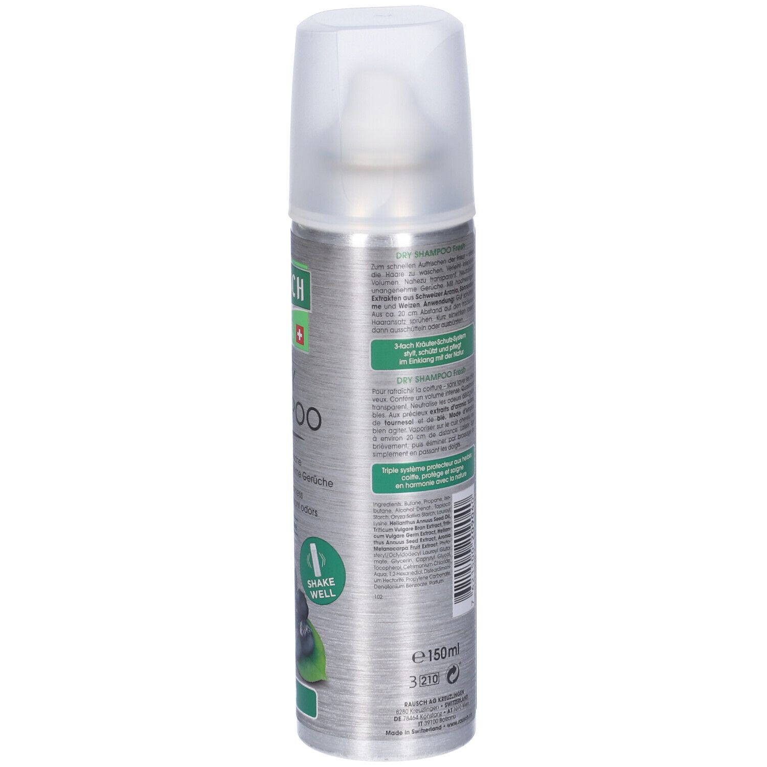 Flacone spray argentato con tappo bianco. Scritta: RAUSCH, DRY SHAMPOO, Fresh. Illustrazione di bacche di aronia. Croce svizzera.