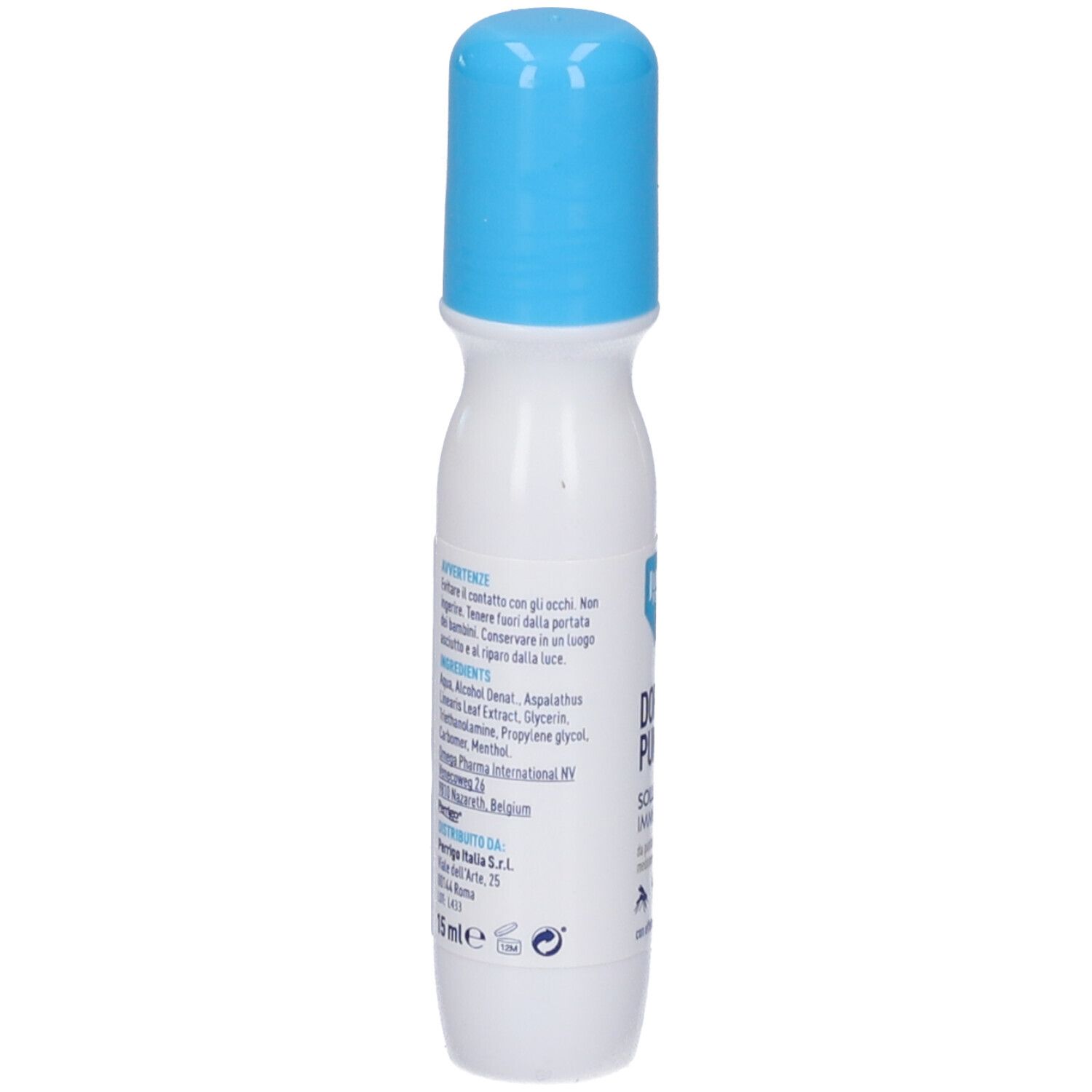 Flacone bianco con tappo blu. Scritta: Ingredienti, 15 ml. Testo in italiano. Applicatore roll-on.