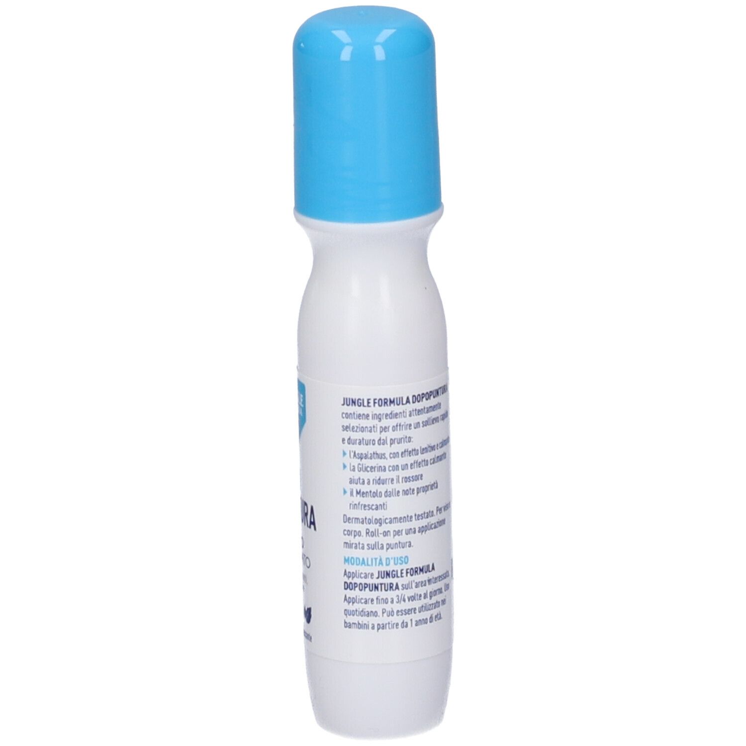 Flacone bianco con tappo blu. Testo in italiano. Scritta: Jungle Formula Dopo Puntura. Roll-on.
