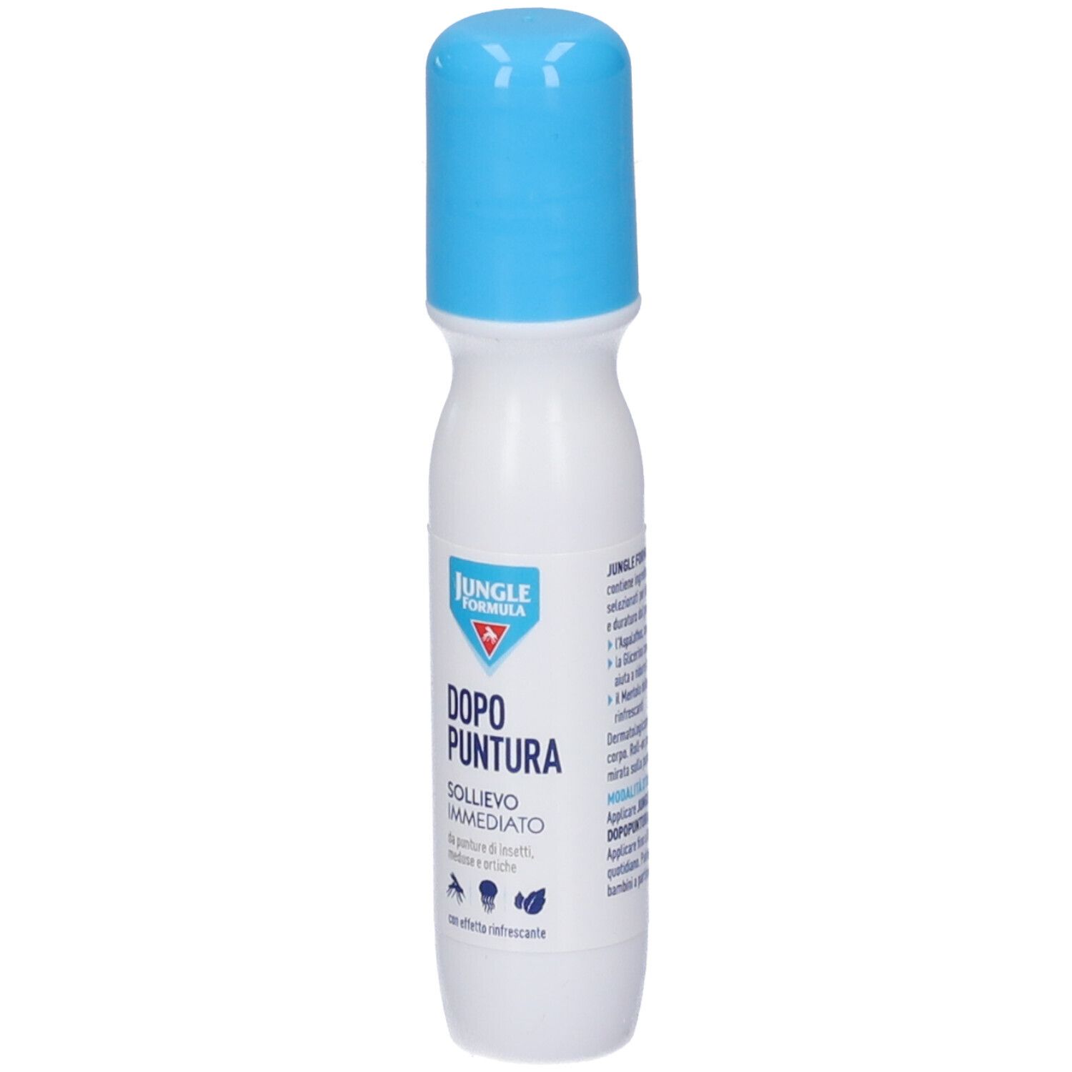 Flacone roll-on bianco e blu. Scritta: Jungle Formula, Dopo Puntura, sollievo immediato. Con applicatore.