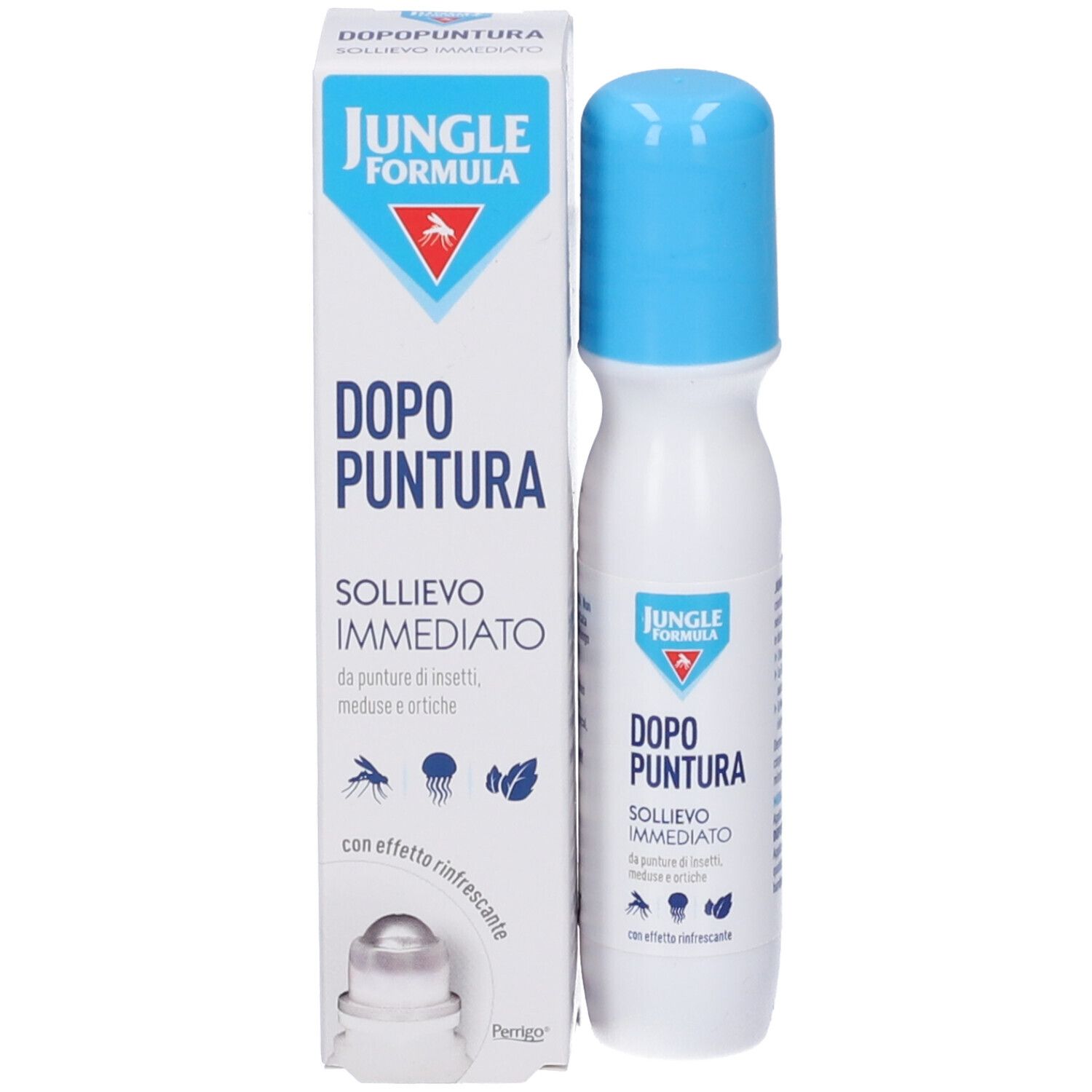 Prodotto con confezione. Scritta: Jungle Formula, Dopo Puntura, sollievo immediato. Applicatore roll-on.