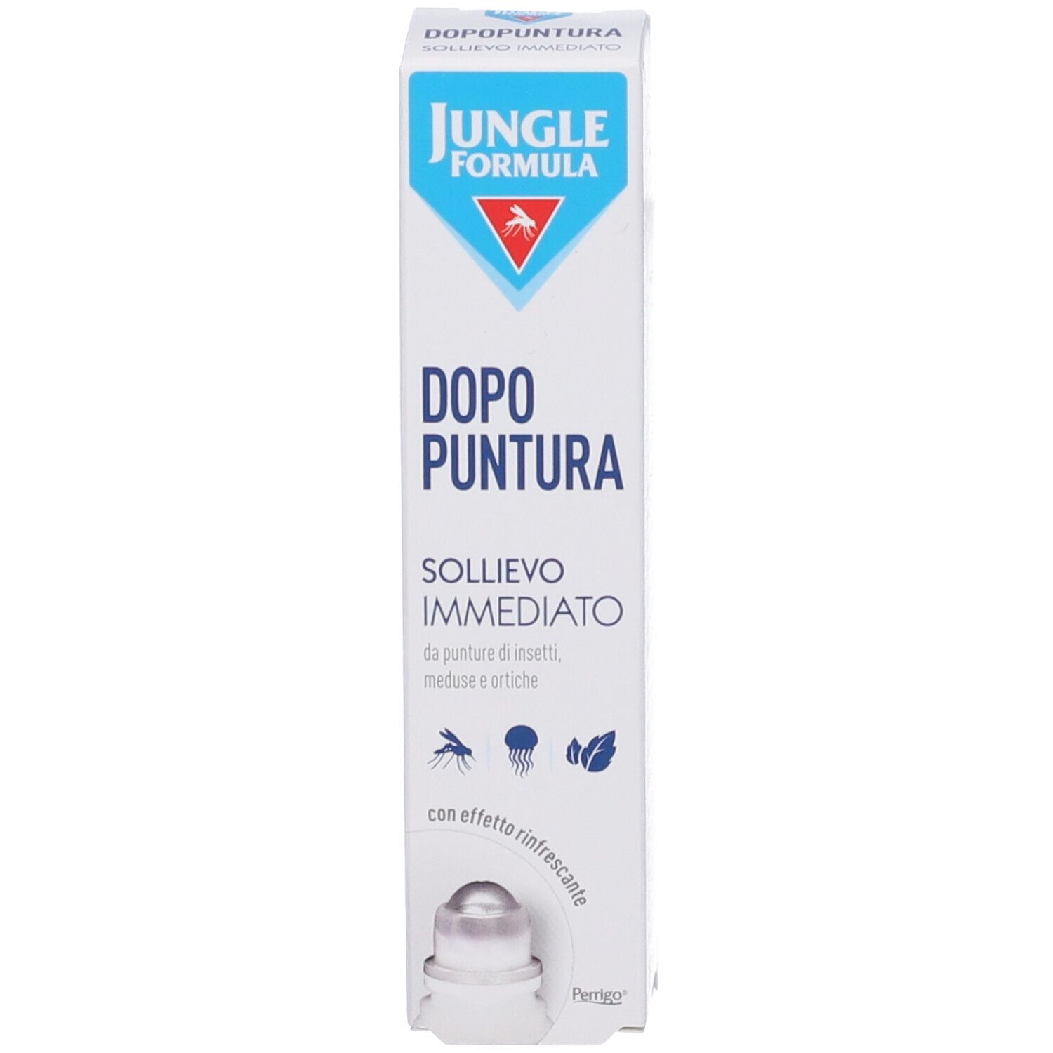 Confezione. Scritta: Jungle Formula, Dopo Puntura, sollievo immediato. Applicatore roll-on.