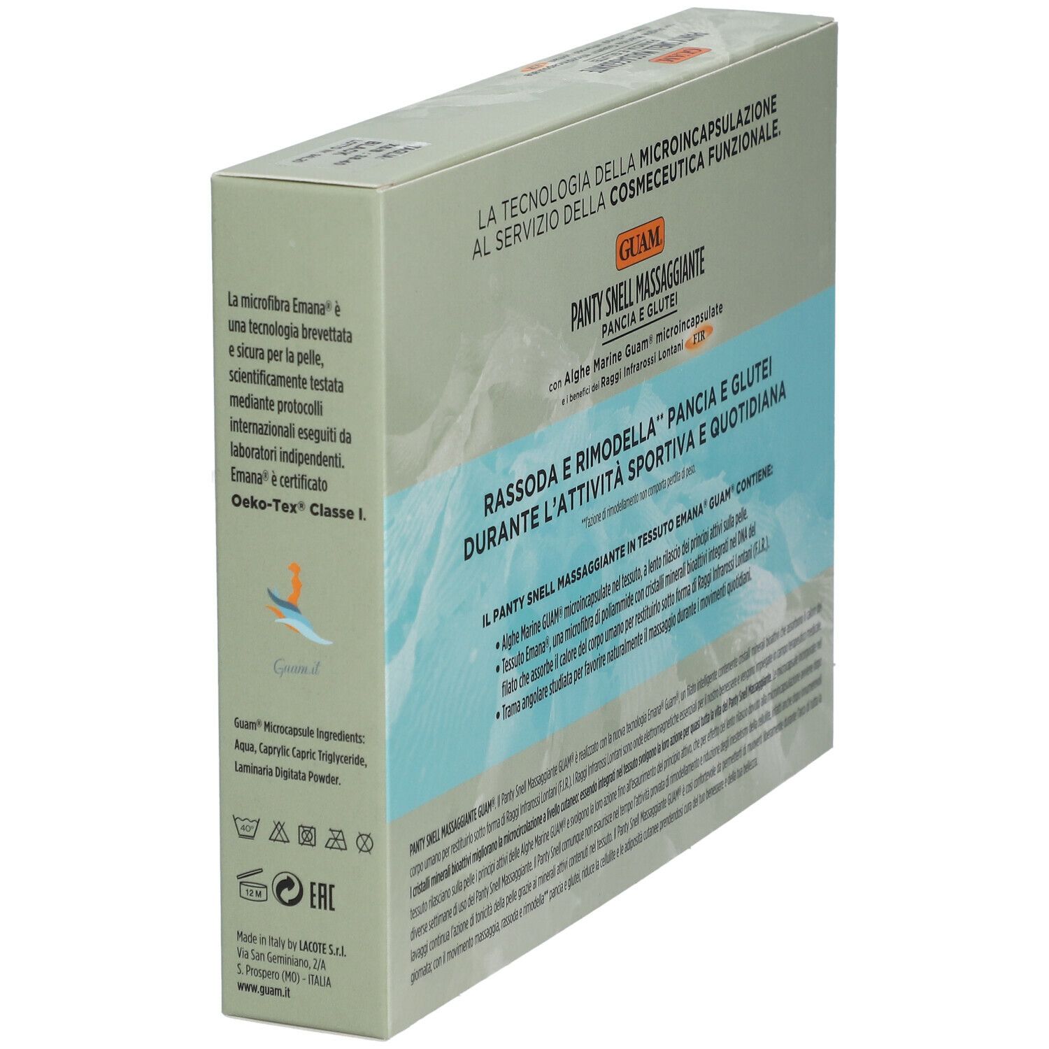 GUAM® Panty Snell Massaggiante Pancia e Glutei XS/S. Confezione del prodotto, vista laterale. Testo: GUAM, Panty Snell Massaggiante, Oeko-Tex.
