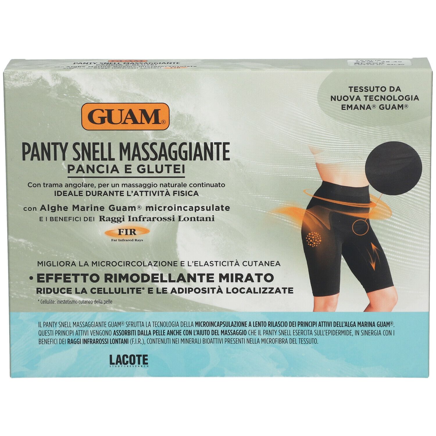 GUAM® Panty Snell Massaggiante Pancia e Glutei XS/S. Scatola nera con immagine del prodotto. Testo: GUAM, Panty Snell Massaggiante.