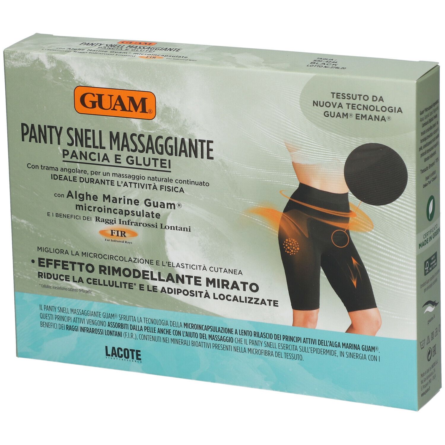 Scatola GUAM Panty Snell Massaggiante. Illustrazione di pantaloncini neri. Testo: Pancia e Glutei, Alge Marine Guam, FIR.