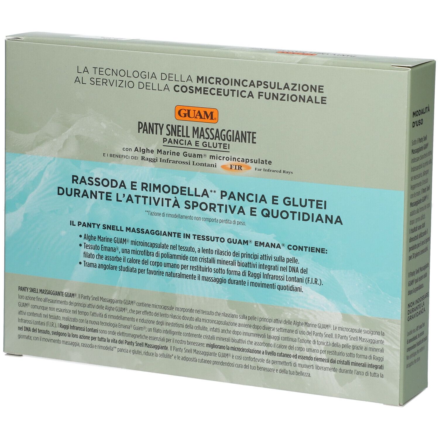 Scatola GUAM Panty Snell Massaggiante. Retro. Testo: Pancia e Glutei, Alge Marine Guam, FIR. Tecnologia microcapsule.