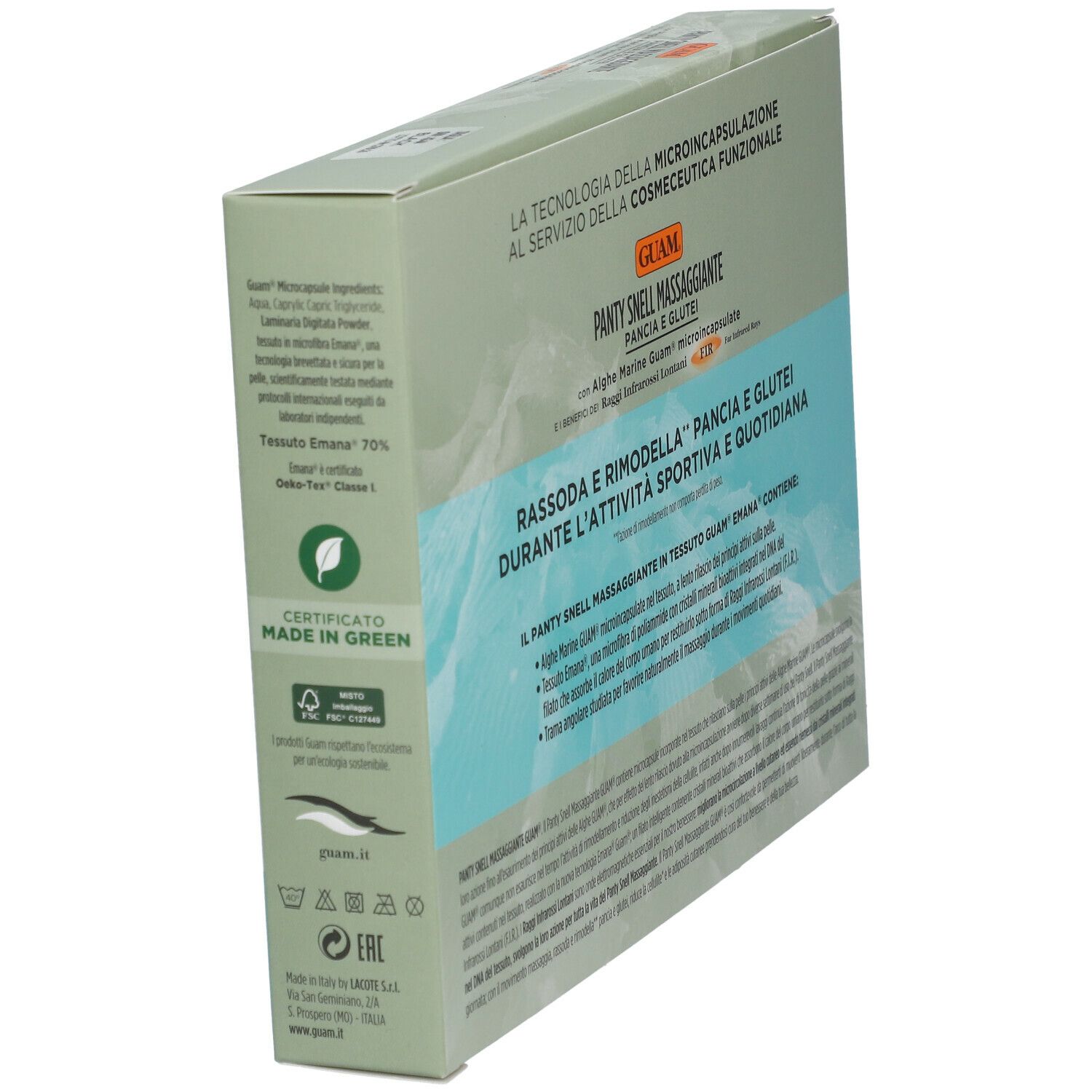 Scatola GUAM Panty Snell Massaggiante. Certificazione Made in Green. Testo: Pancia e Glutei, Alge Marine Guam, FIR.
