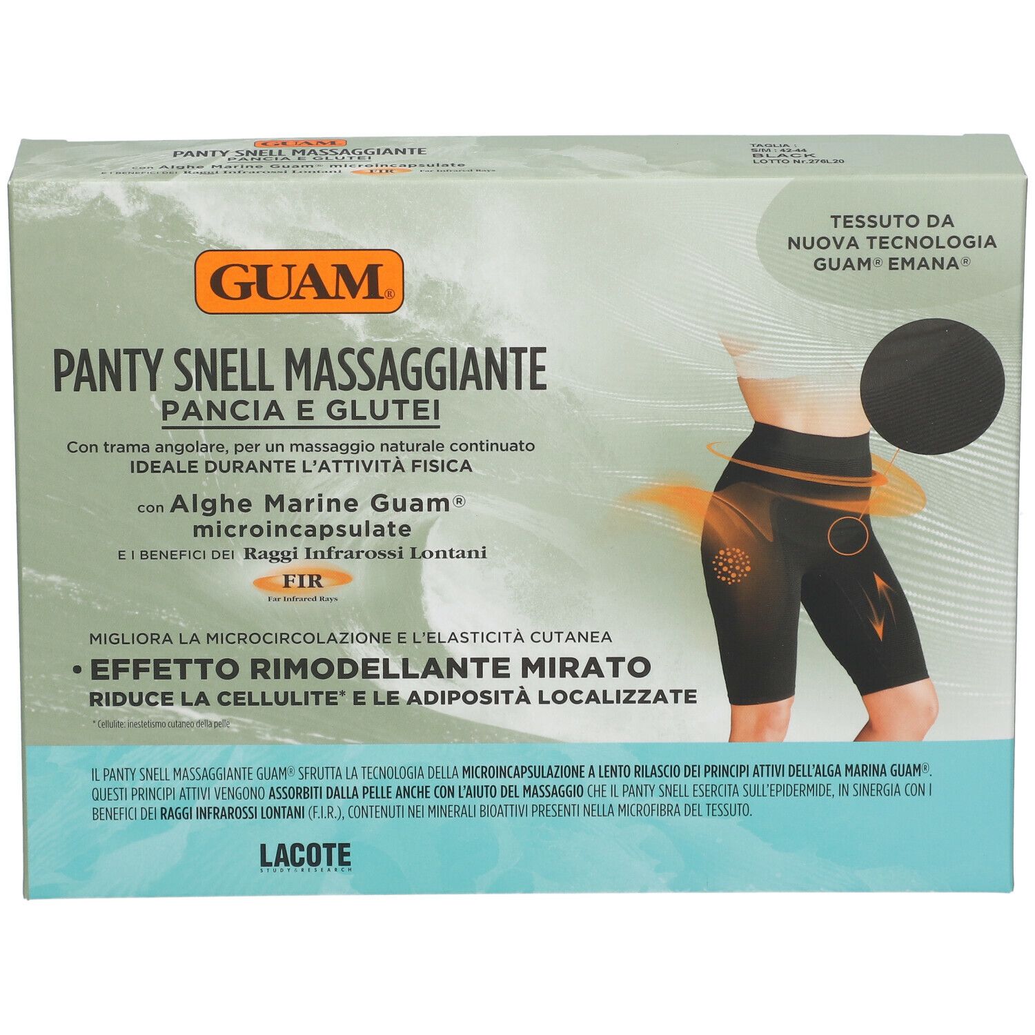 Scatola GUAM Panty Snell Massaggiante. Illustrazione di pantaloncini neri. Testo: Pancia e Glutei, Alge Marine Guam, FIR.