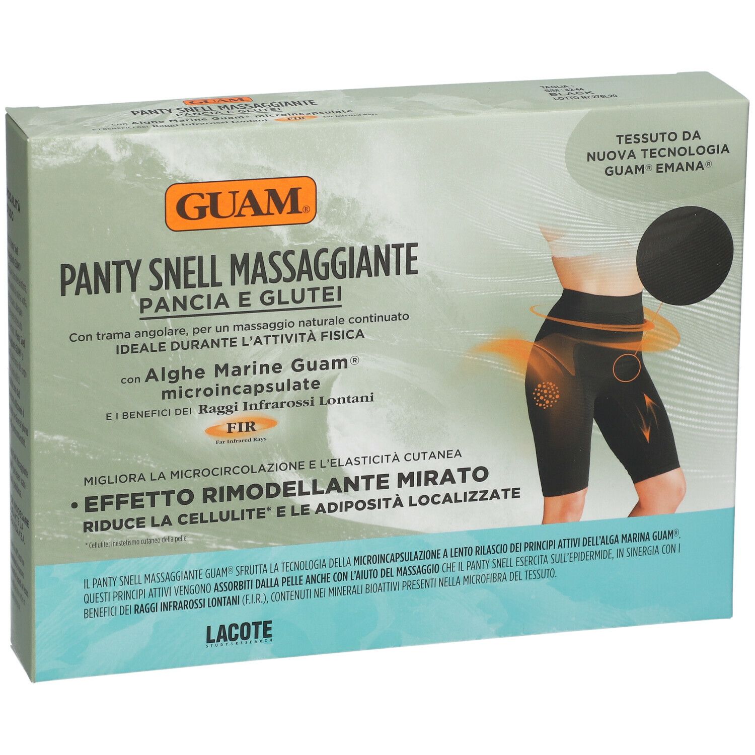 Scatola GUAM Panty Snell Massaggiante. Illustrazione di pantaloncini neri. Testo: Pancia e Glutei, Alge Marine Guam, FIR.