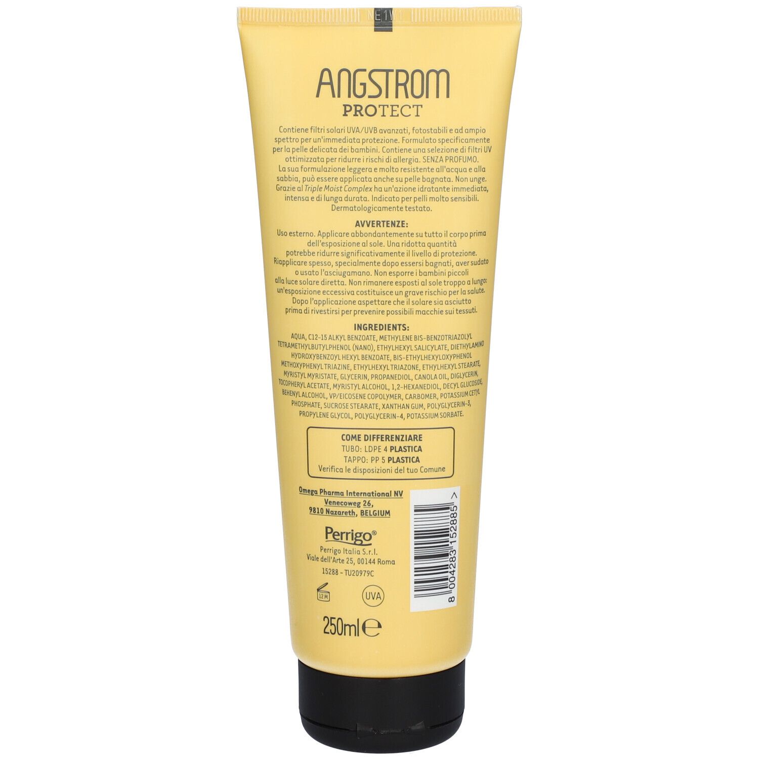 Retro di un tubo giallo. Contiene testo e ingredienti. Marchio: ANGSTROM. Informazioni su uso e ingredienti.