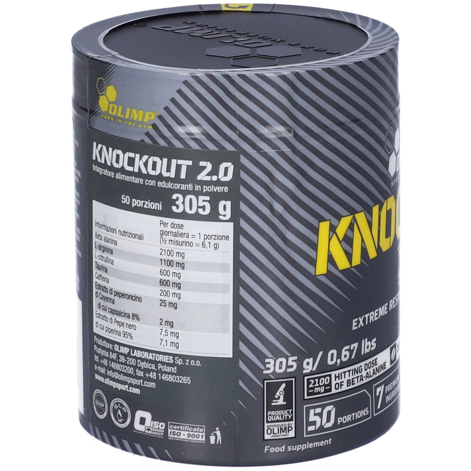 Barattolo Olimp Knockout 2.0, Citrus Punch. Informazioni nutrizionali e ingredienti sul barattolo. 305 g, 50 porzioni.