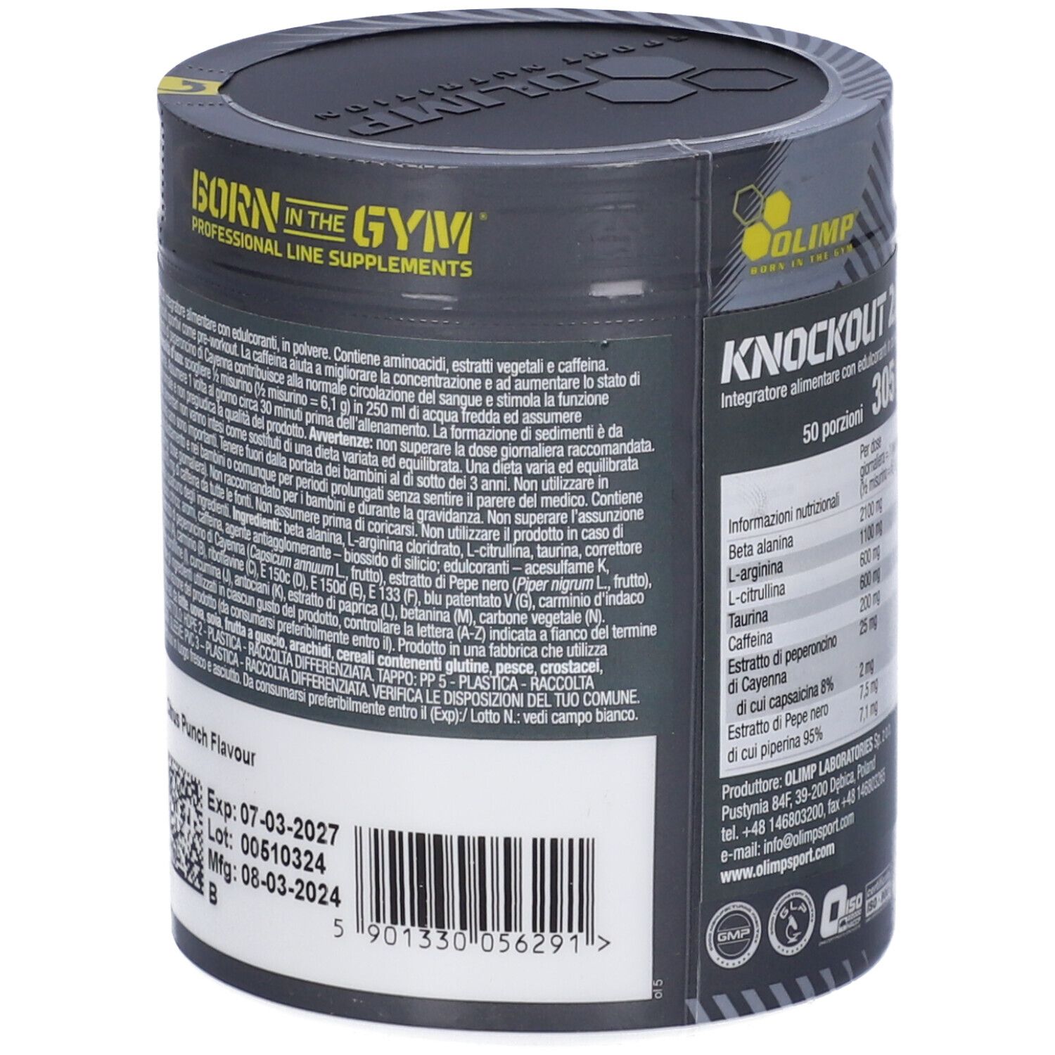 Barattolo Olimp Knockout 2.0, Citrus Punch. Retro con testo e codice QR. Scadenza: 07-03-2027.