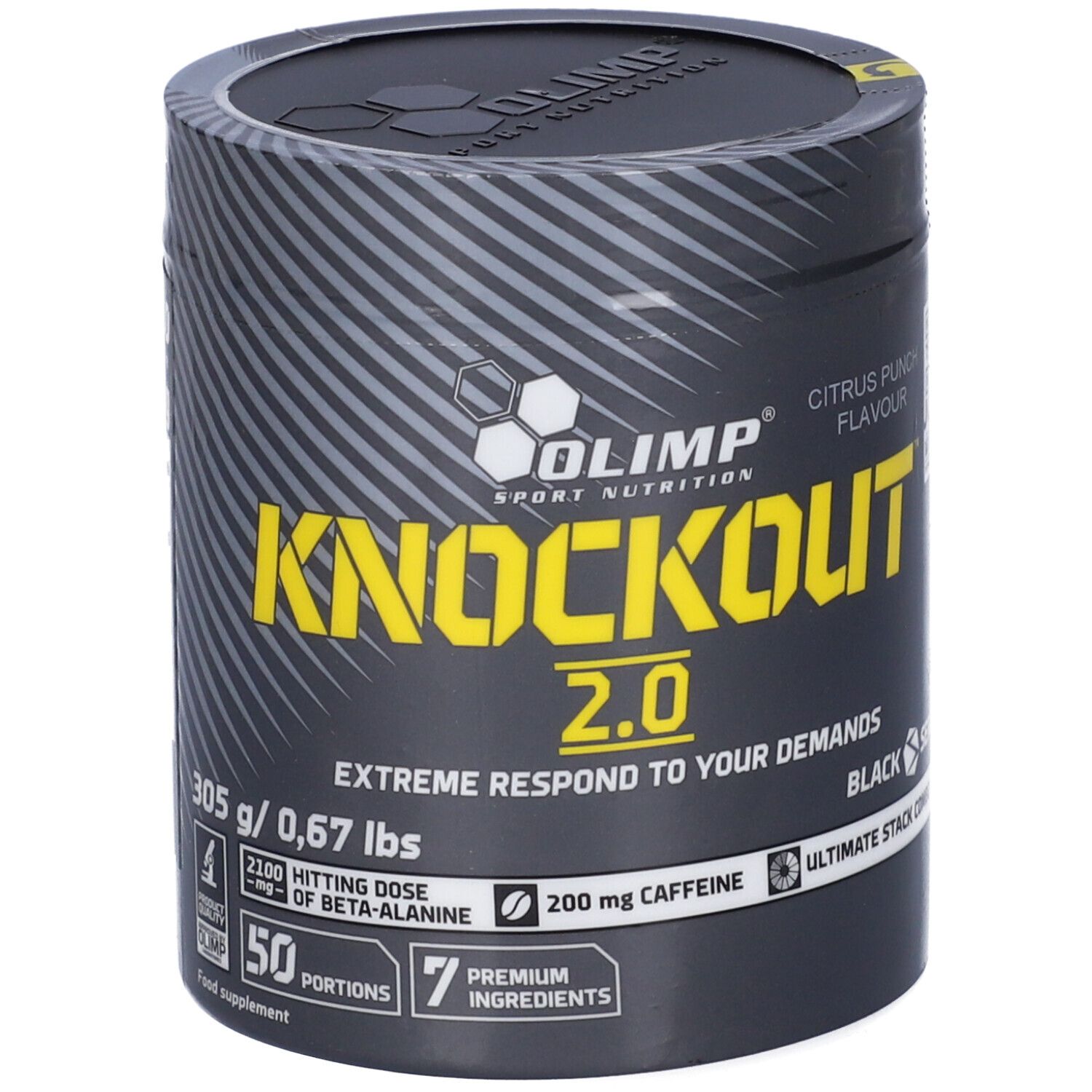 Barattolo Olimp Knockout 2.0, Citrus Punch. Barattolo nero con testo giallo. 305 g, 50 porzioni.