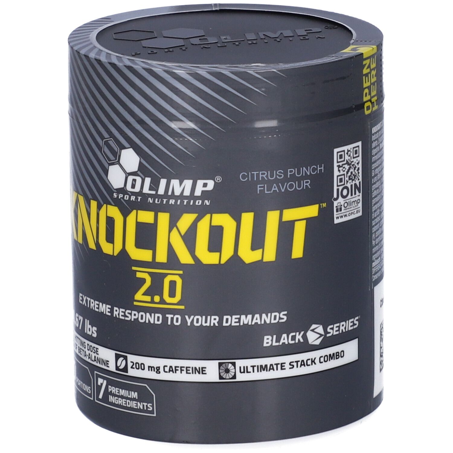 Barattolo Olimp Knockout 2.0, Citrus Punch. Barattolo nero con testo giallo. Contiene 200 mg di caffeina.