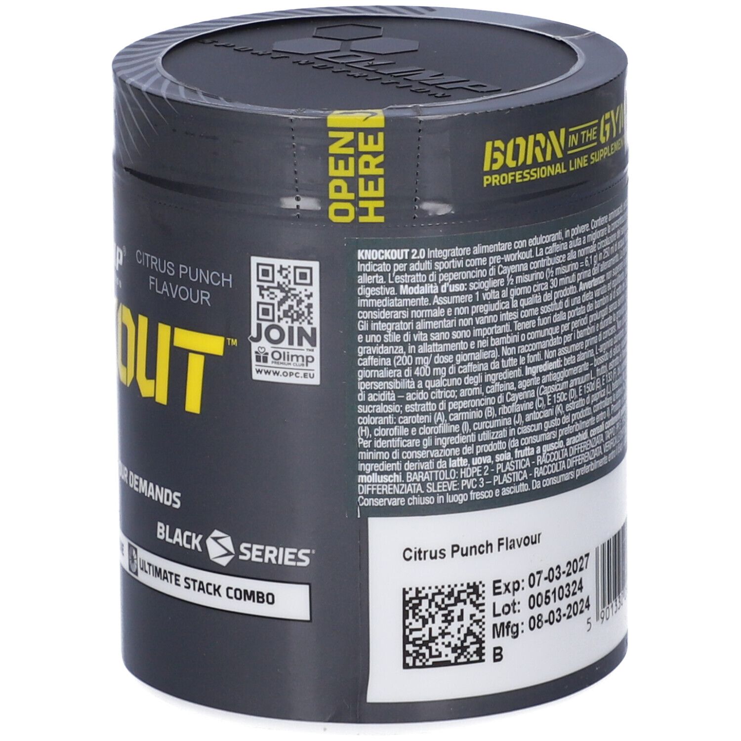 Barattolo Olimp Knockout 2.0, Citrus Punch. Retro con testo e codice QR. Scadenza: 07-03-2027.