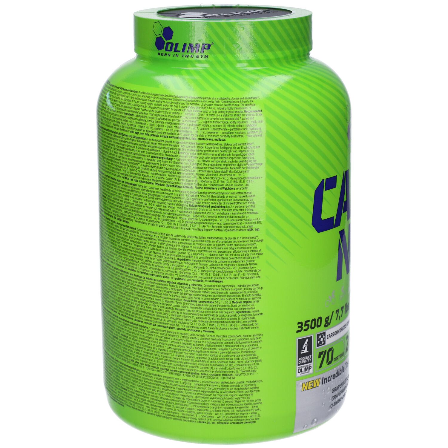 Retro di un contenitore verde CARBO NOX con informazioni nutrizionali e testi.