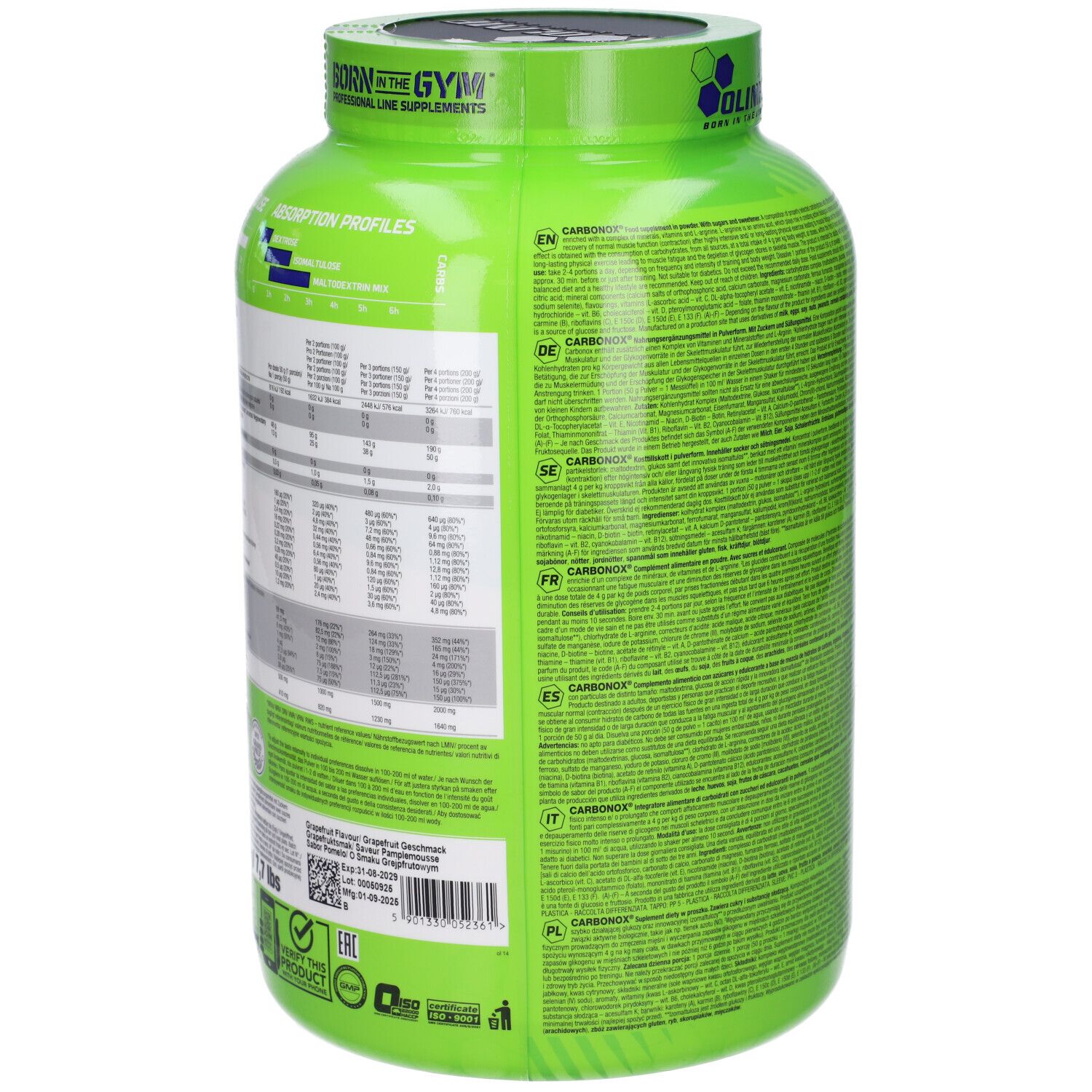 Vista laterale di un contenitore verde CARBO NOX con tabelle nutrizionali e testi.