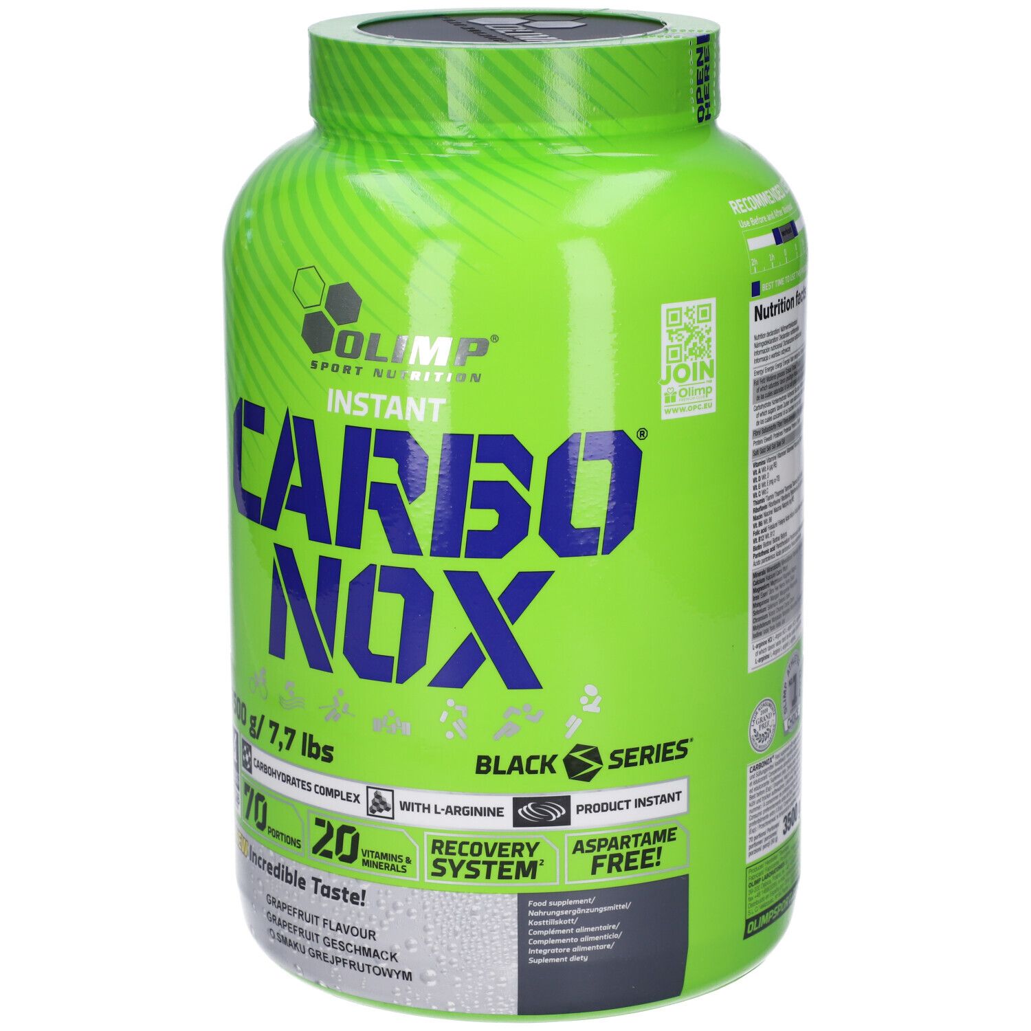 Contenitore verde con scritta CARBO NOX, 3500g, gusto pompelmo, Black Series.