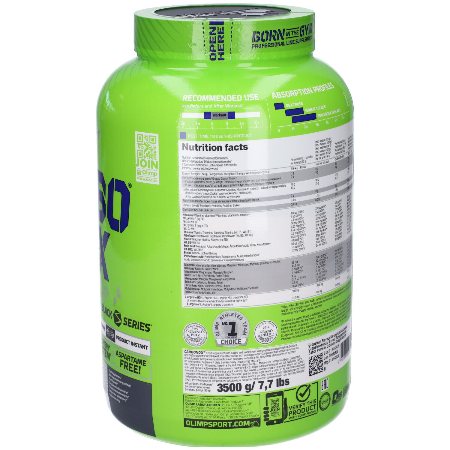 Retro di un contenitore verde CARBO NOX con informazioni nutrizionali e istruzioni per l'uso.