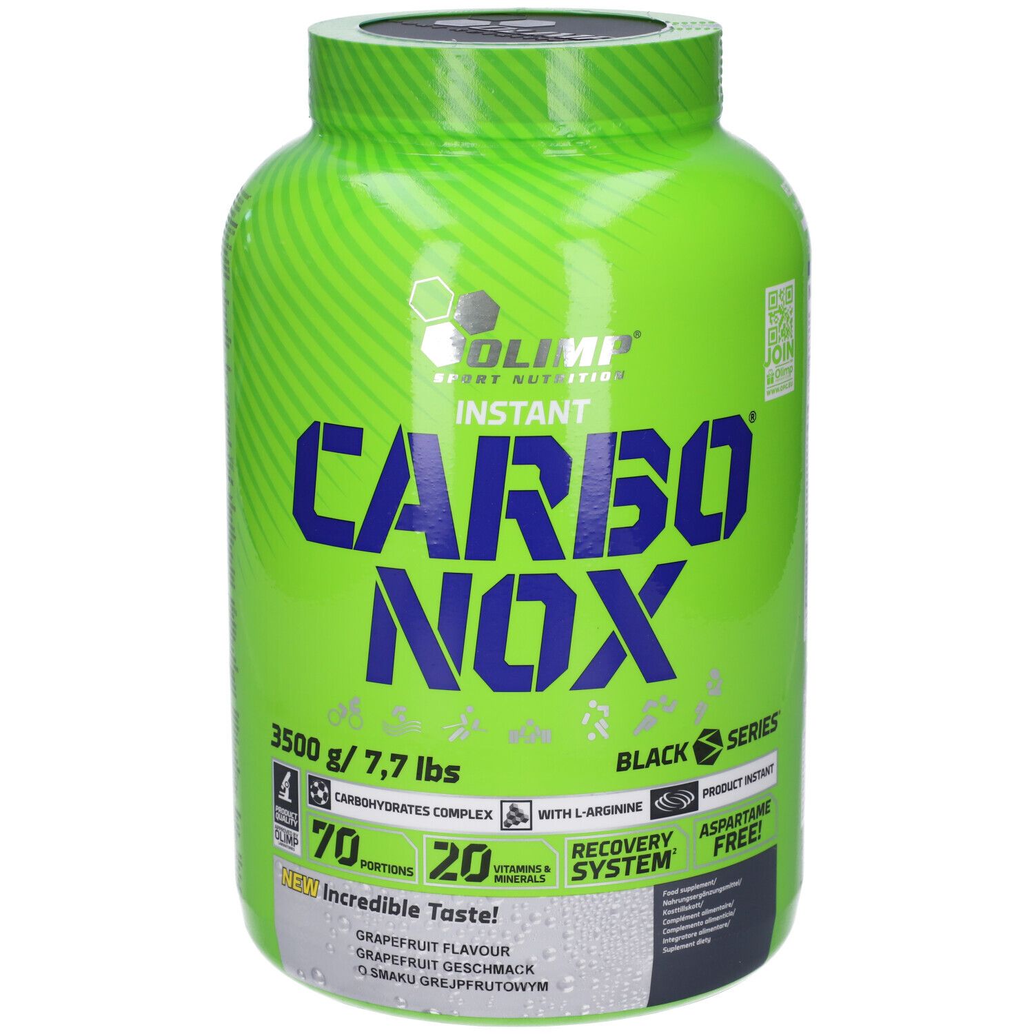 Contenitore verde con scritta CARBO NOX, 3500g, gusto pompelmo, Black Series.