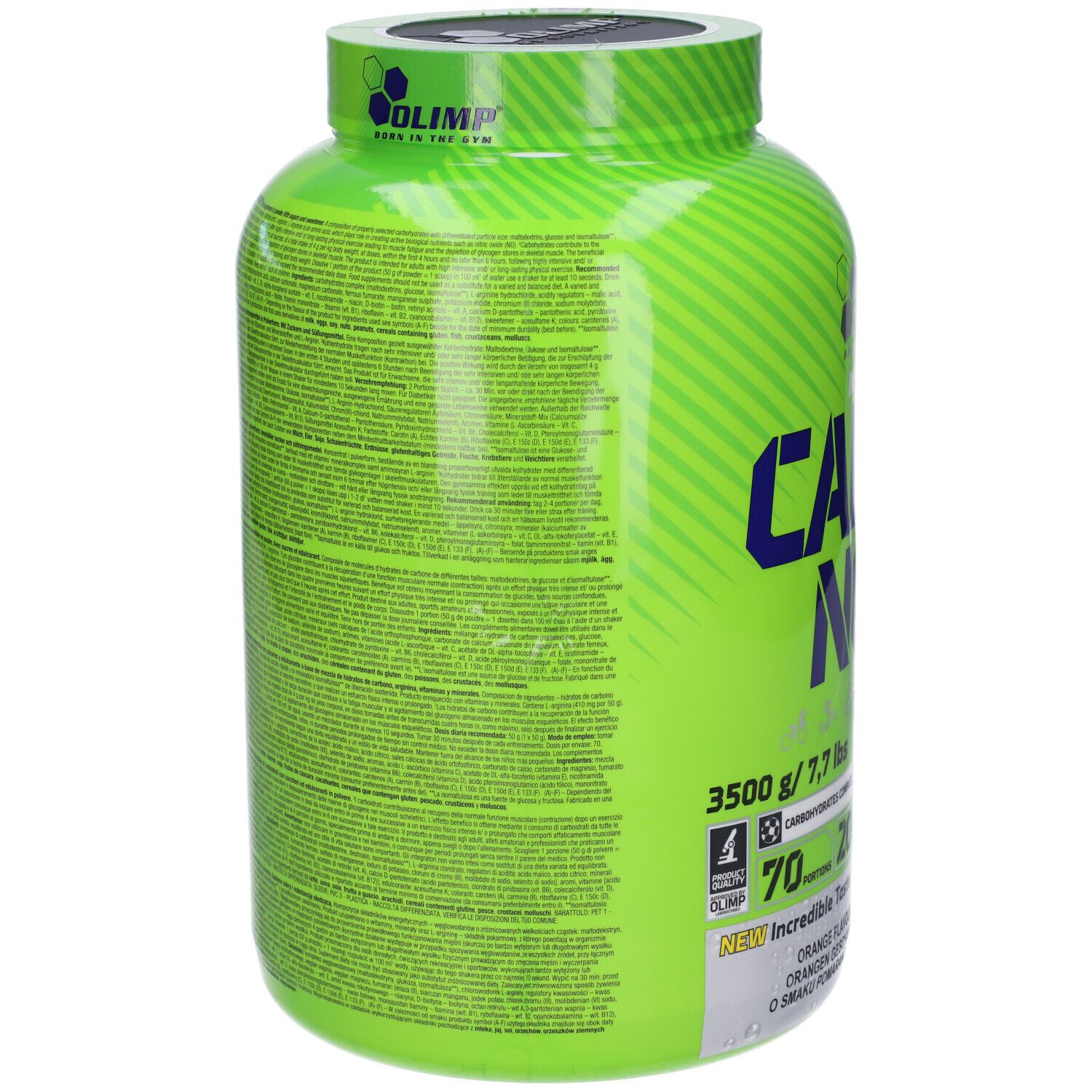 Retro di un contenitore verde CARBO NOX con informazioni dettagliate e ingredienti.