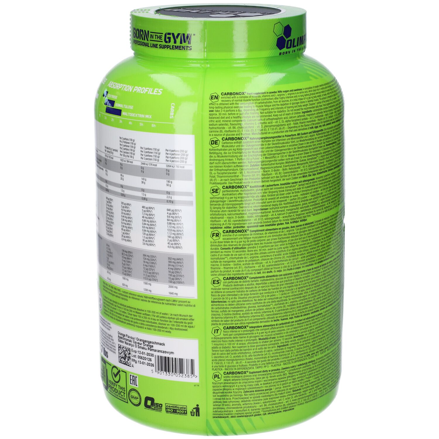 Vista laterale di un contenitore verde CARBO NOX con informazioni nutrizionali e prodotto.
