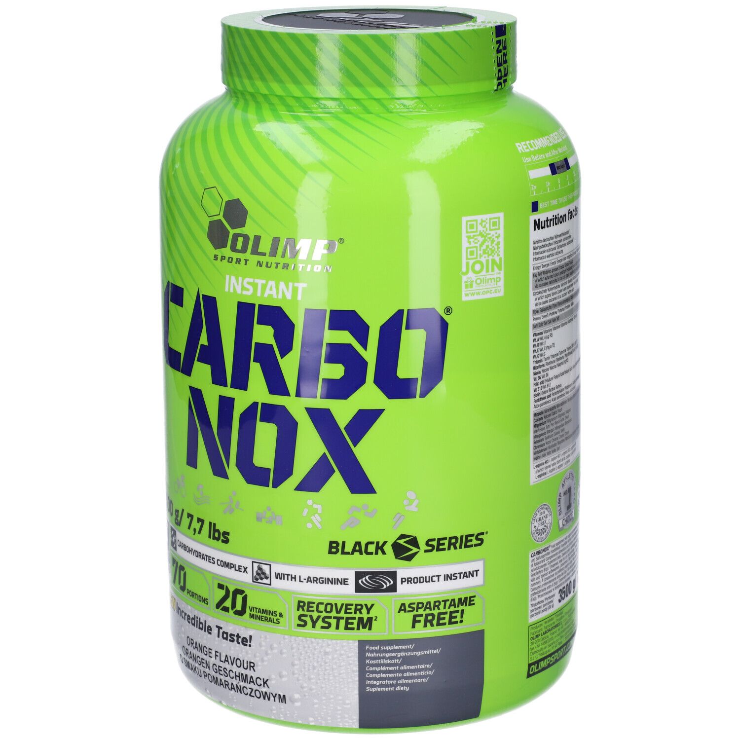 Fronte di un contenitore verde CARBO NOX con codice QR e caratteristiche del prodotto.