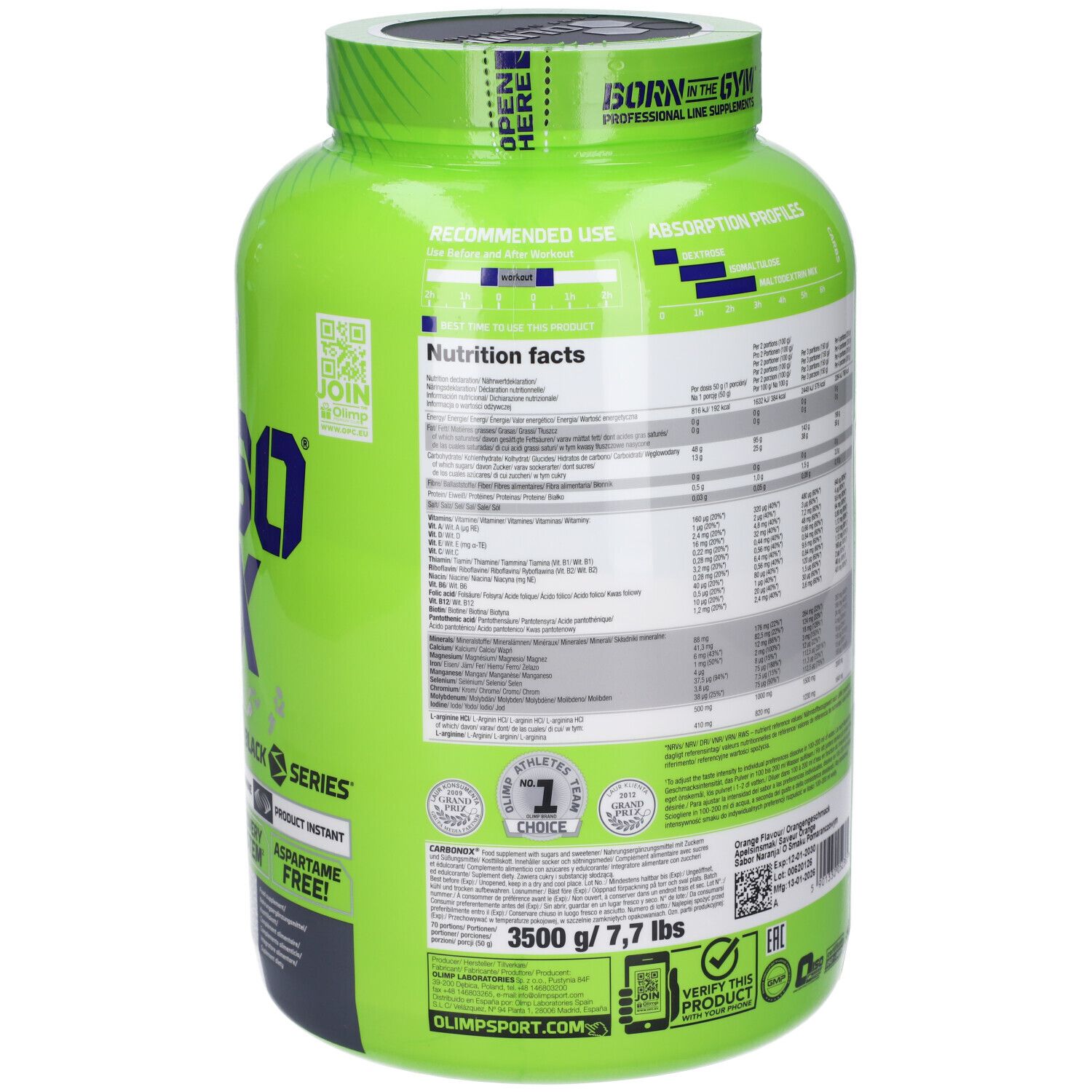 Retro di un contenitore verde CARBO NOX con informazioni nutrizionali e sigilli.