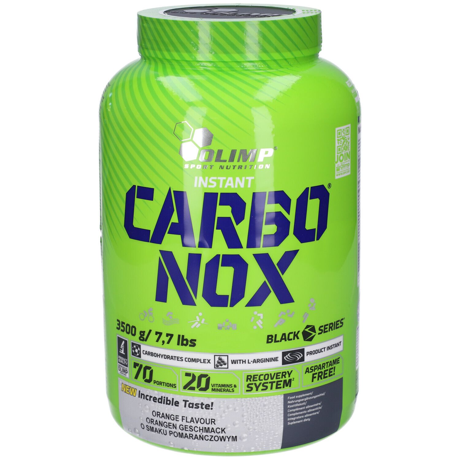 Contenitore verde con scritta CARBO NOX, 3500g, gusto arancia, vista frontale.