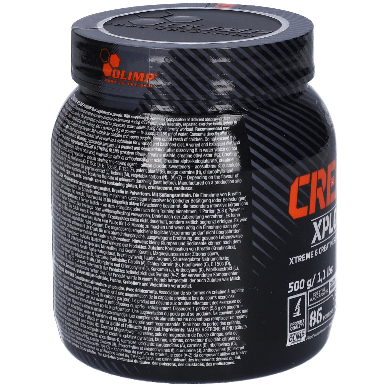 Olimp Creatine Xplode in polvere, 500g. Retro del barattolo con informazioni nutrizionali e ingredienti.