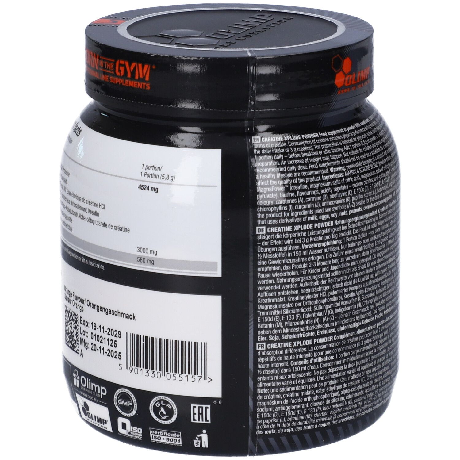 Olimp Creatine Xplode in polvere, 500g. Vista laterale con informazioni nutrizionali e data di scadenza.