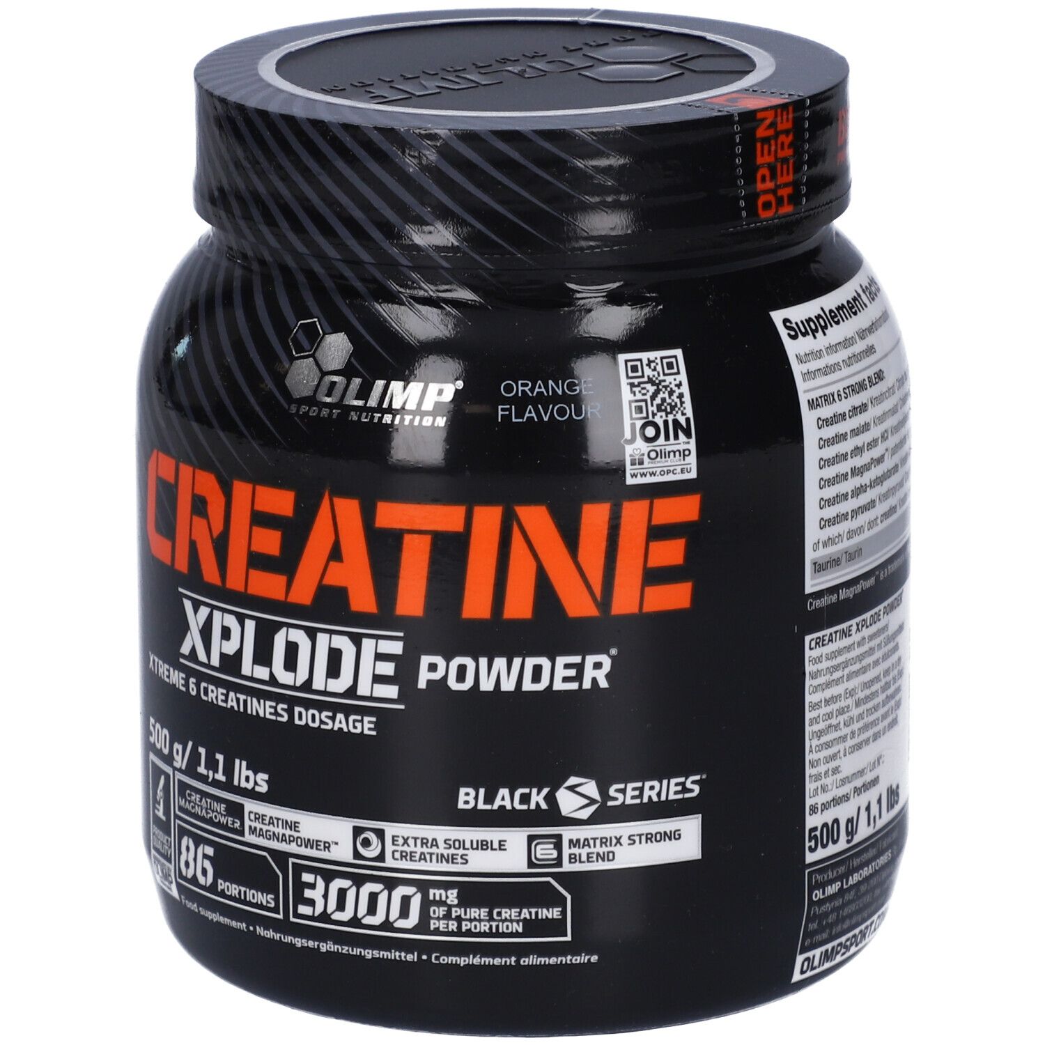 Olimp Creatine Xplode in polvere, 500g Arancia. Barattolo con scritta 'Born in the Gym'.