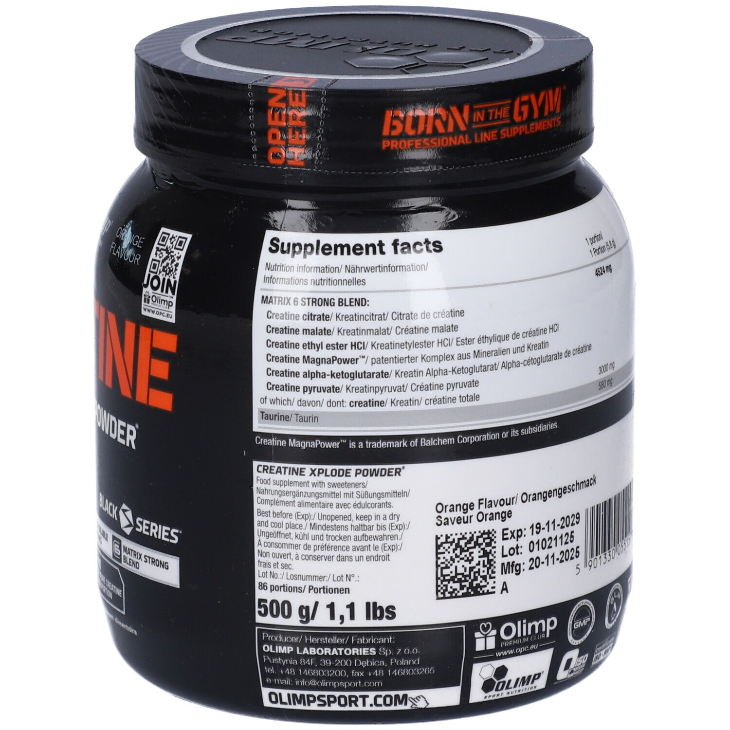 Olimp Creatine Xplode in polvere, 500g. Vista dettagliata della tabella nutrizionale e degli ingredienti.