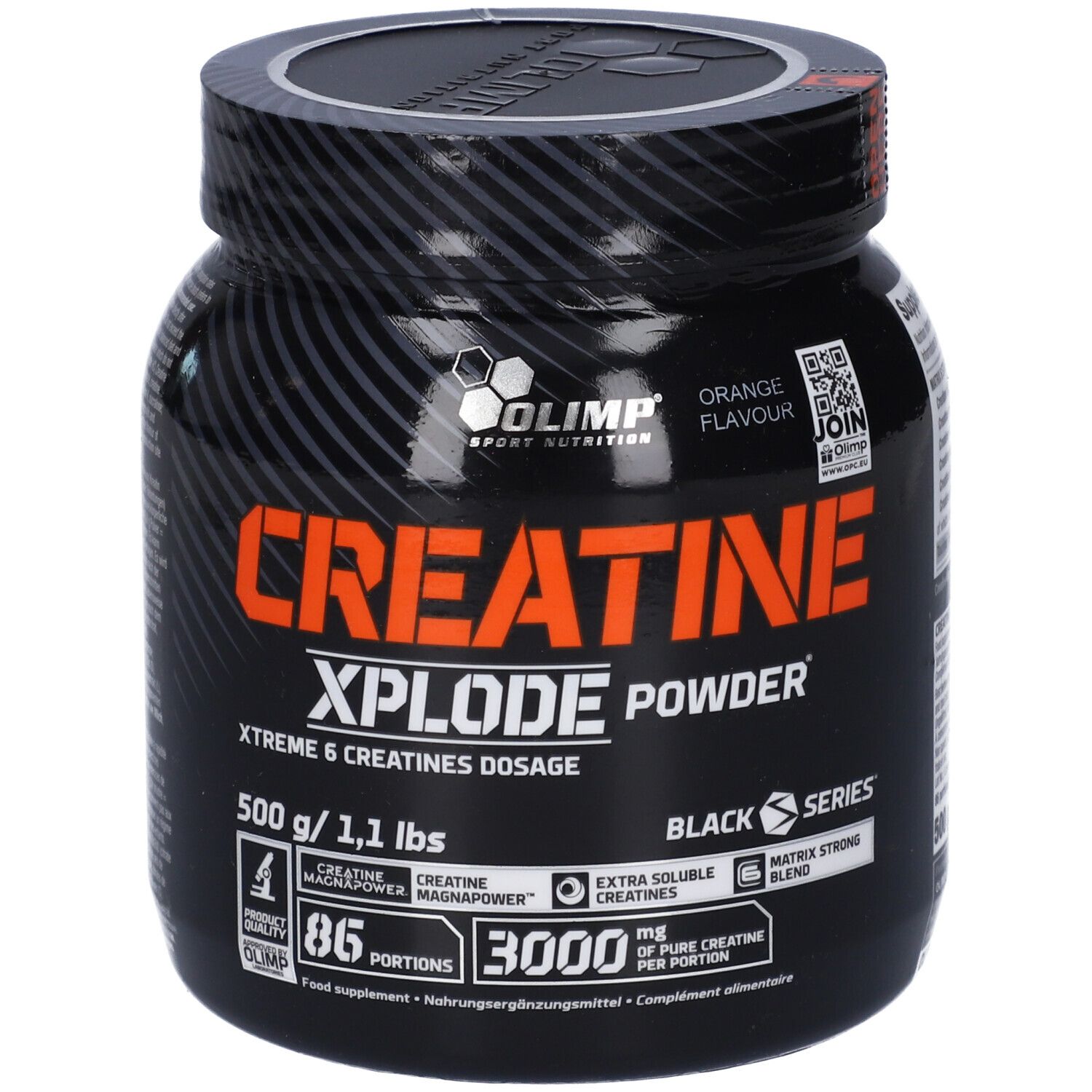 Olimp Creatine Xplode in polvere, 500g. Barattolo con scritta 'Black Series' e 'Xtreme 6 Creatines Dosage'.