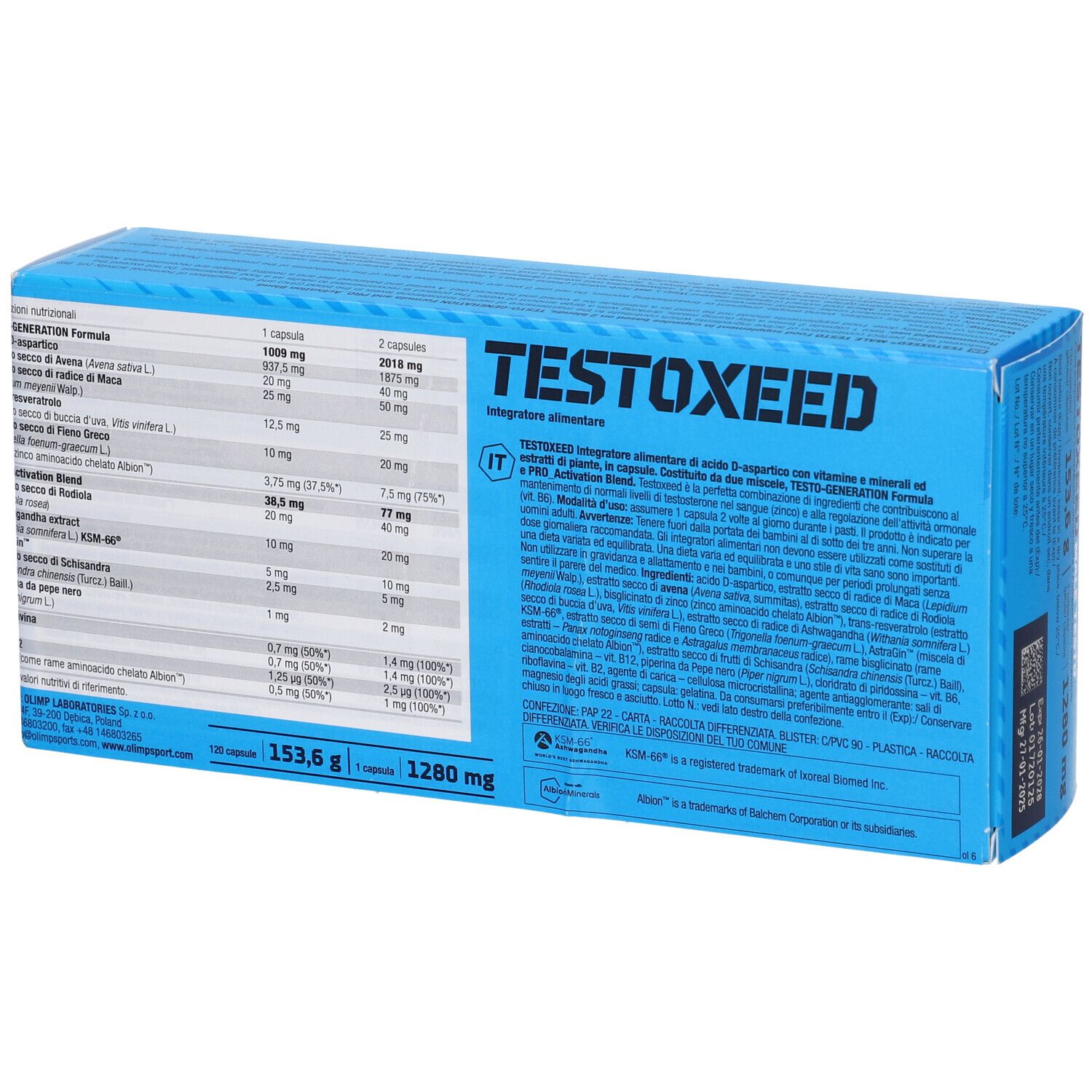 Scatola blu "TESTOXEED". Retro con informazioni nutrizionali e ingredienti.